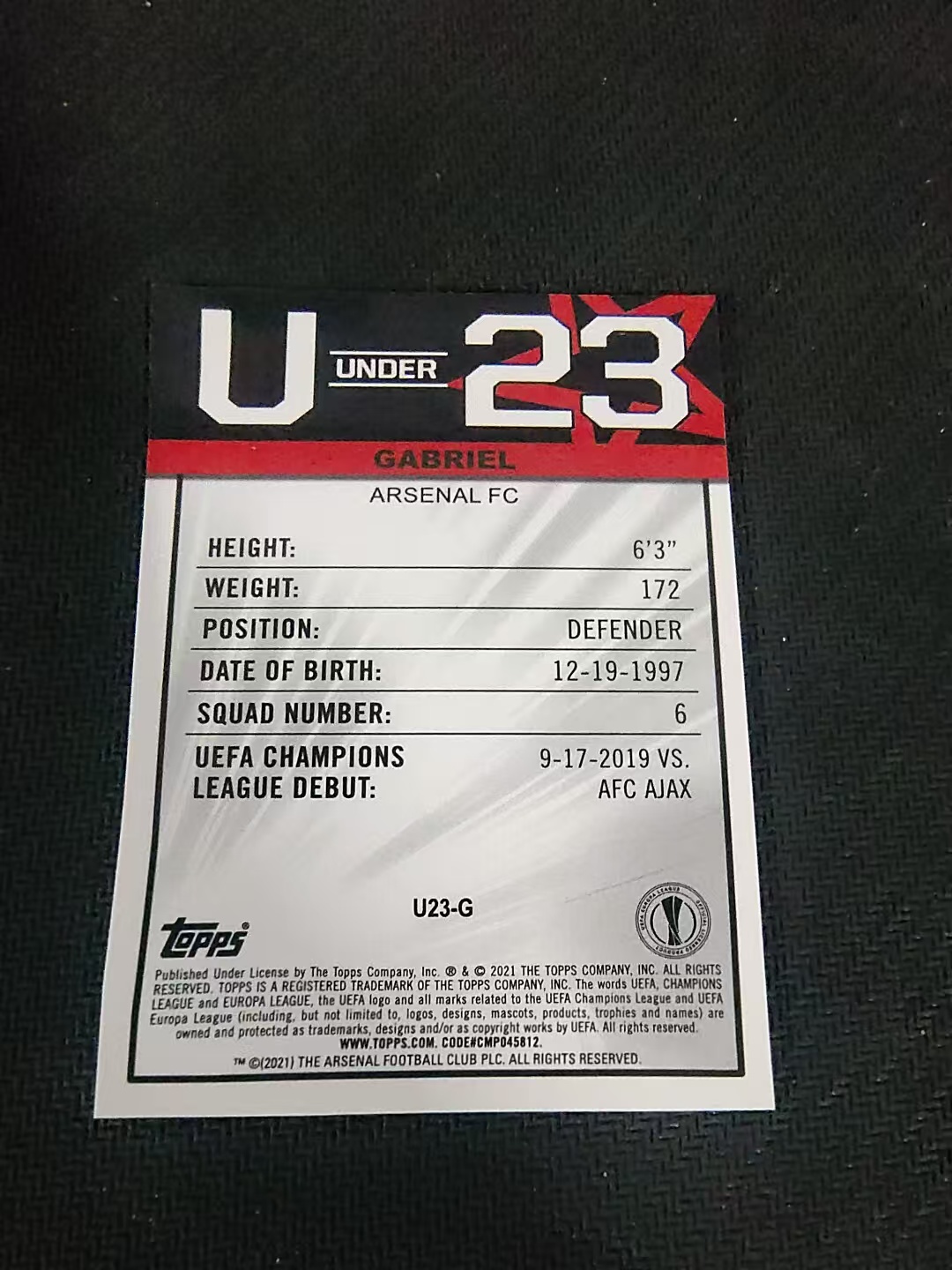 【可合并,不累计】2021 Topps Merlin Gabriel 欧战 梅林 阿森纳 加布里埃尔 U23特卡 银折 划痕