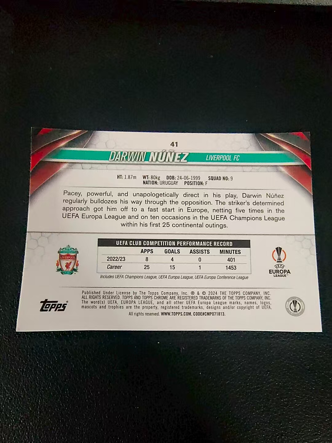 【可合并,不累计】 2024 Topps Chrome Darwin Nunez 利物浦 达尔文 努涅斯 欧冠 划痕 边角瑕疵 #41