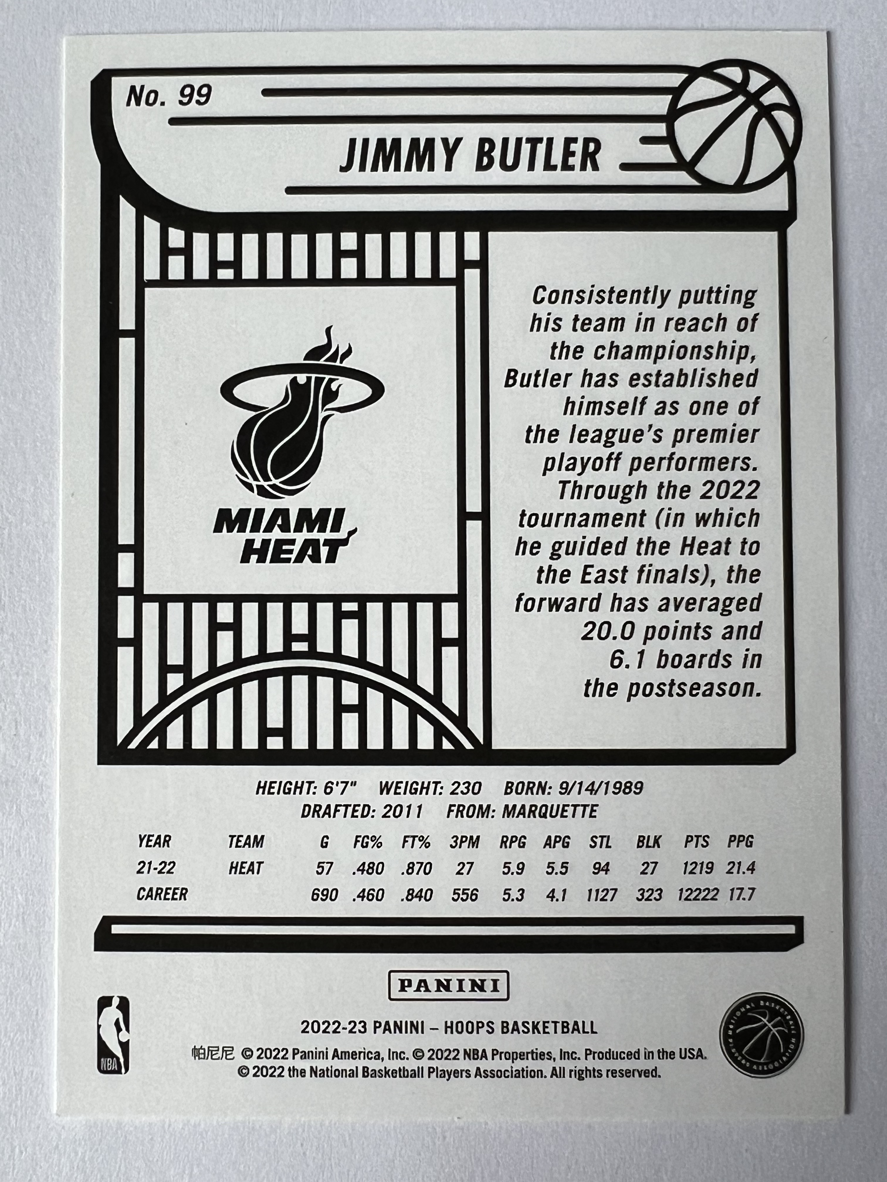 2022-23 Panini Hoops Jimmy Butler 吉米 巴特勒 硬汉 热火队 《 热门球星 收藏必备 》 凑套必备 实卡精美 #99