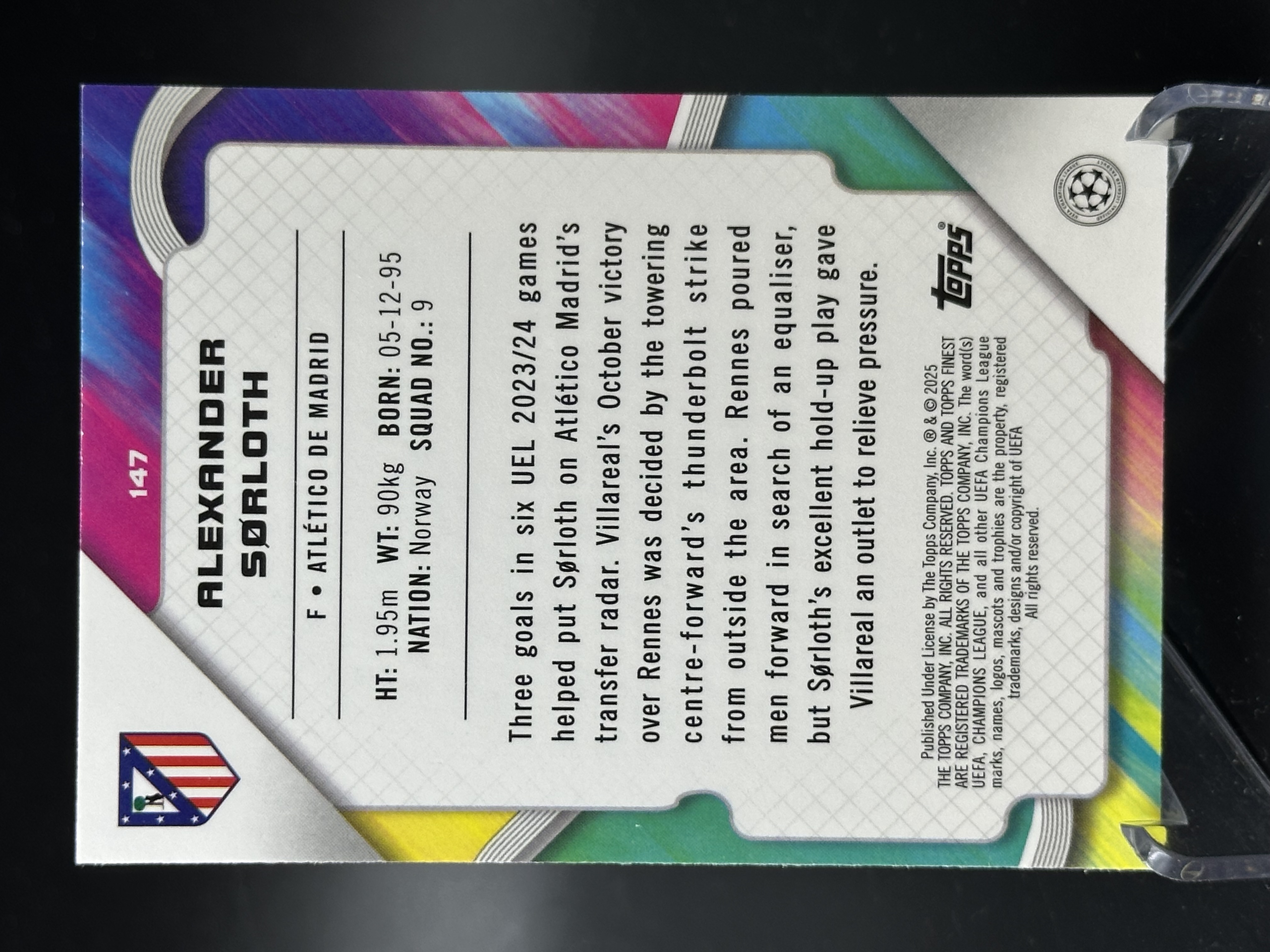 2024-25 Topps Finest Alexander Sorloth 【小黄拍卖】欧冠 索洛斯 马德里竞技 蓝折 149/275编「cook」