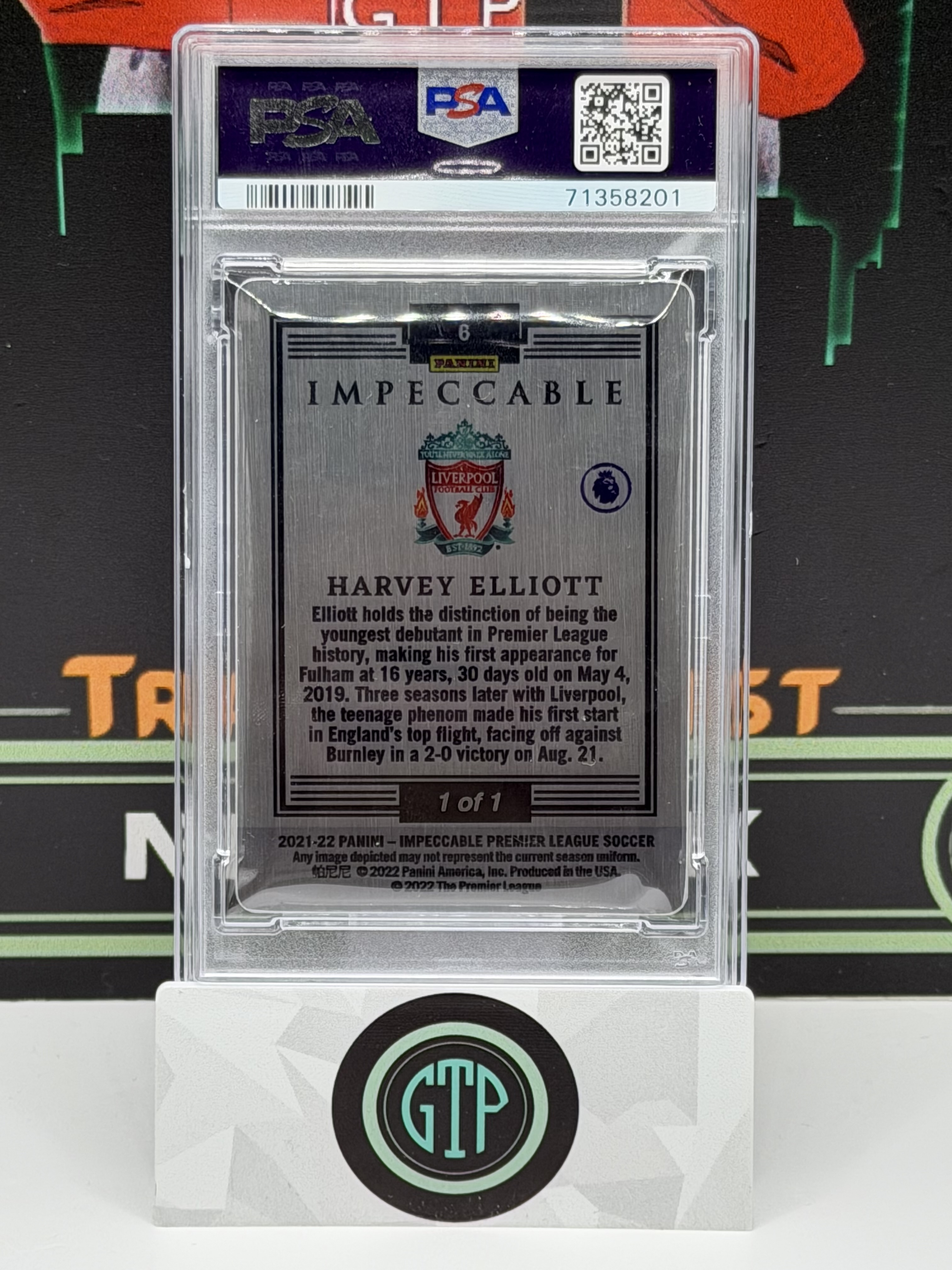 【GTP拍卖】2021-22 Panini Impeccable PL Harvey Elliott 埃利奥特 Rookie Metal Black 1/1 1of1 PSA 9 RC 新秀 独一无二 超级一编 利物浦 英超