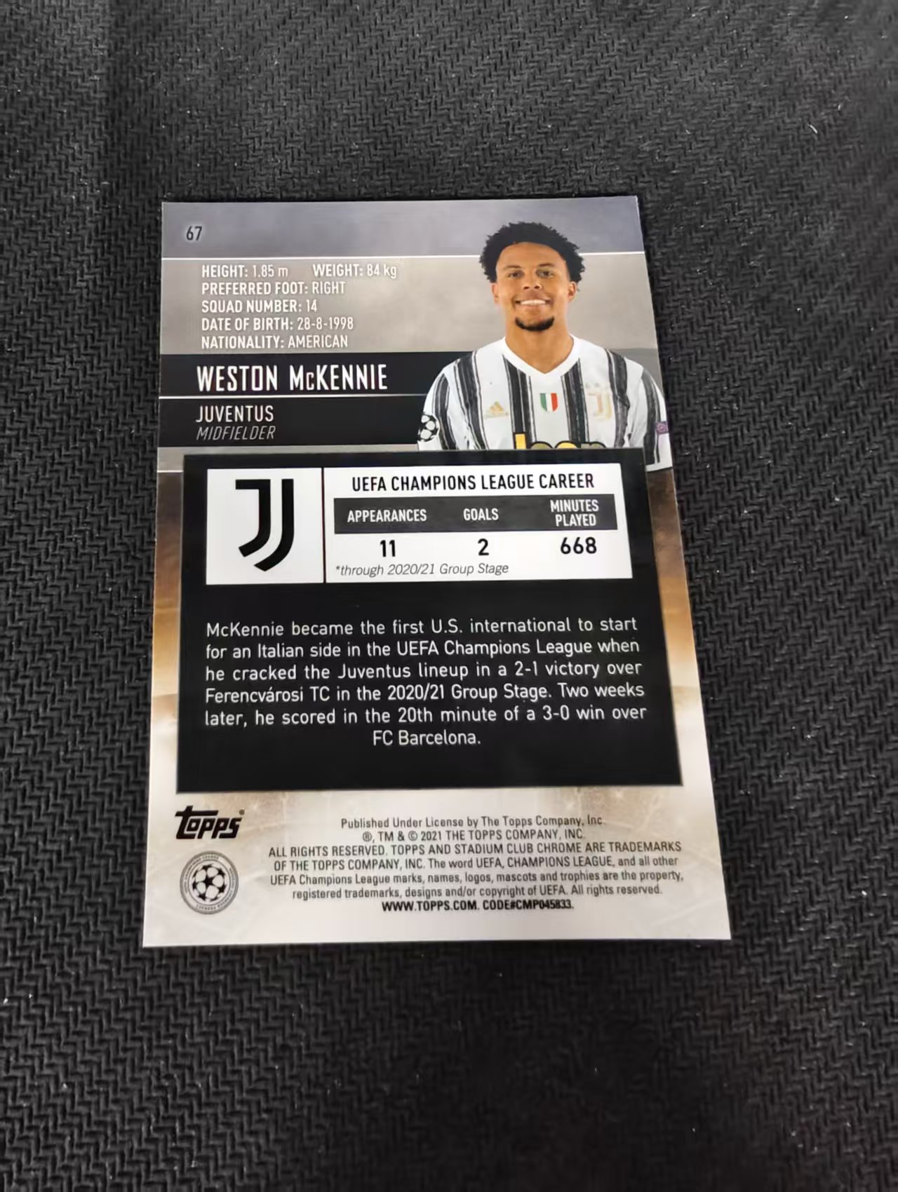 【可合并,不累计】2021 Topps Stadium Club Chrome Weston McKennie 尤文图斯 韦斯顿 麦肯尼 竞技场 欧冠 划痕 边角瑕疵 #67