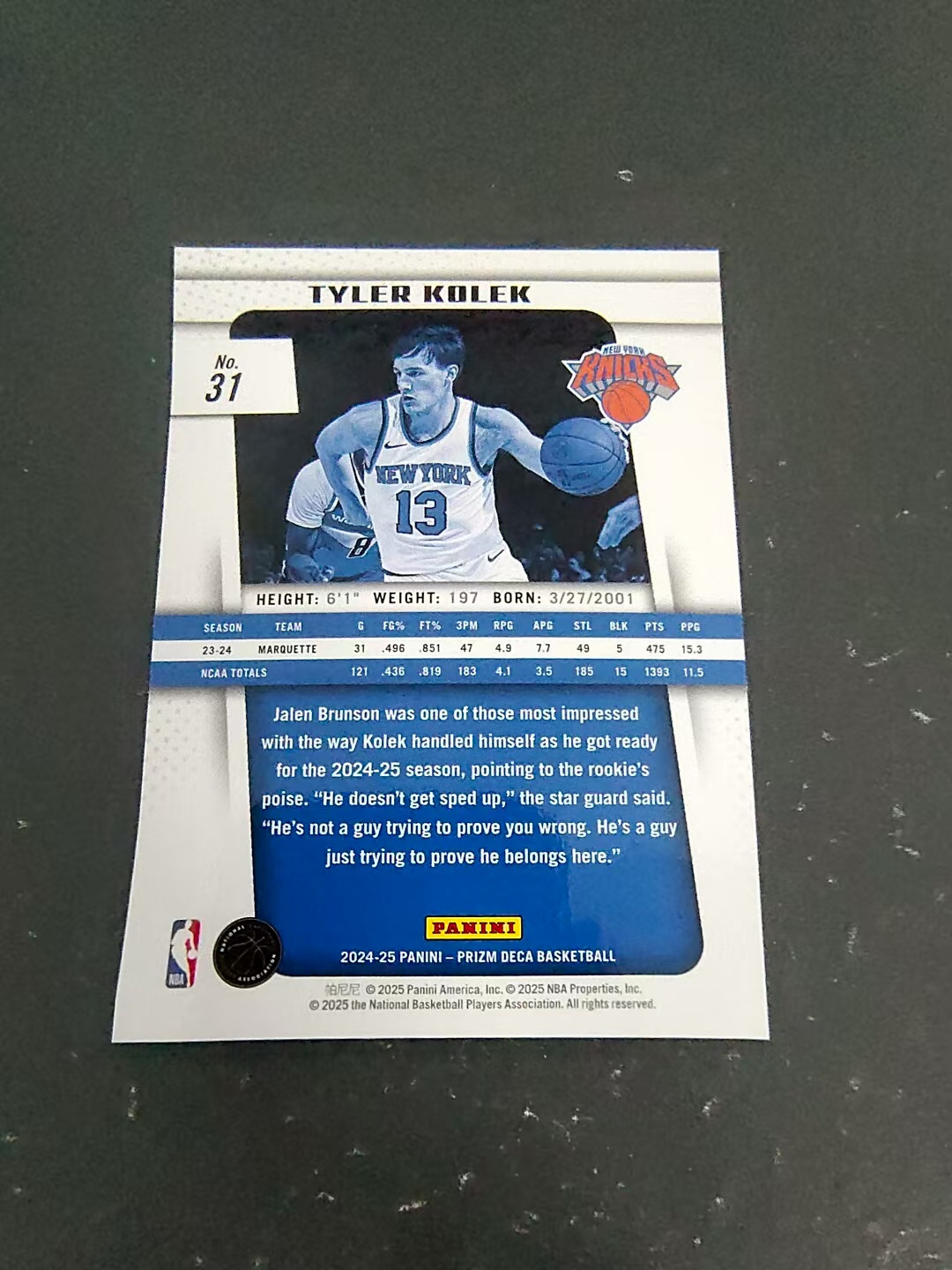 【可合并,不累计】2024-25 Panini Prizm Deca Tyler Kolek 尼克斯 泰勒 科勒克 新秀RC 元年复刻 PZ 划痕 边角瑕疵 #31