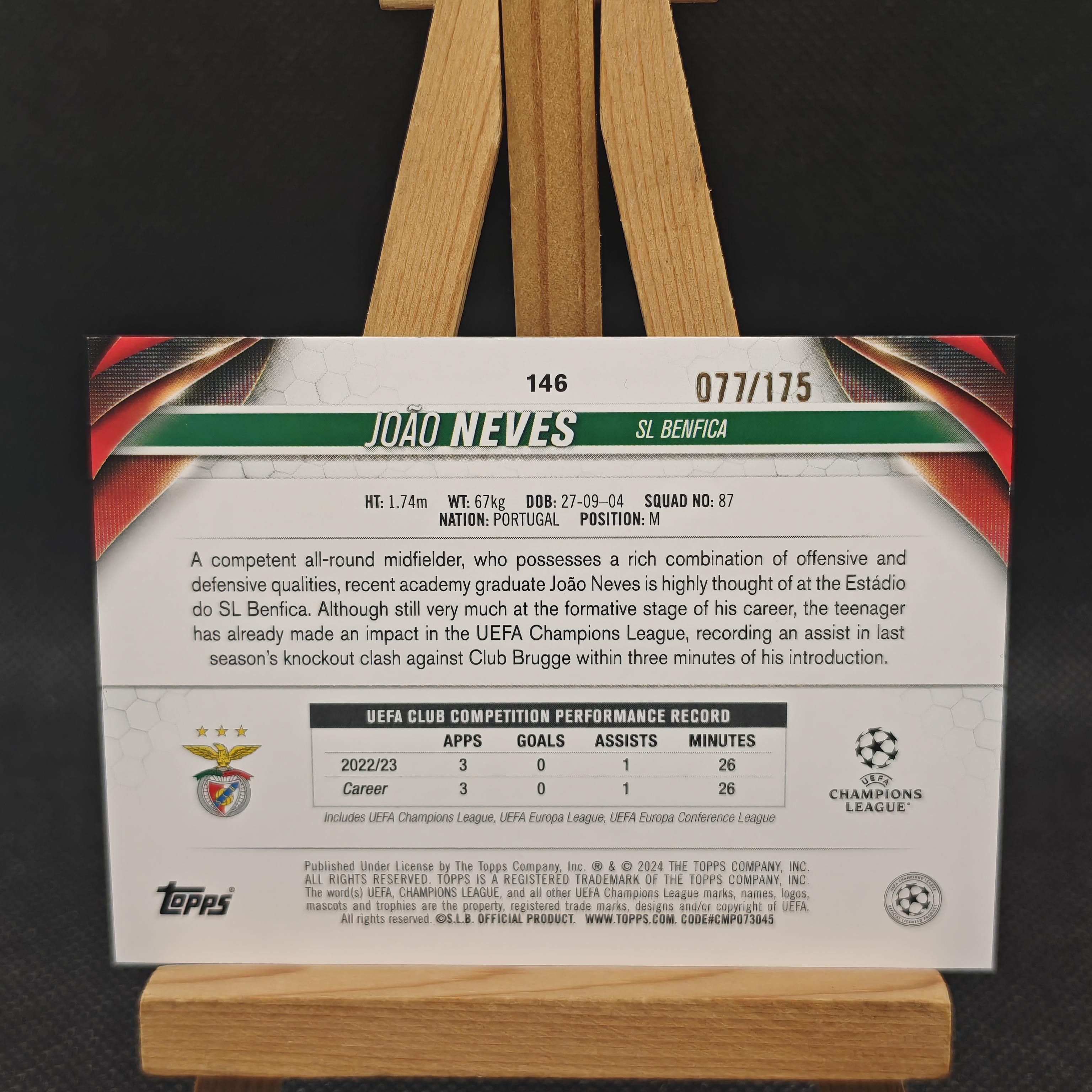 2024 【OT拍卖0手续】 Topps João Neves 欧冠 若昂 内维斯 蓝折 175编 葡萄牙 本菲卡 卡品如图 BR0810