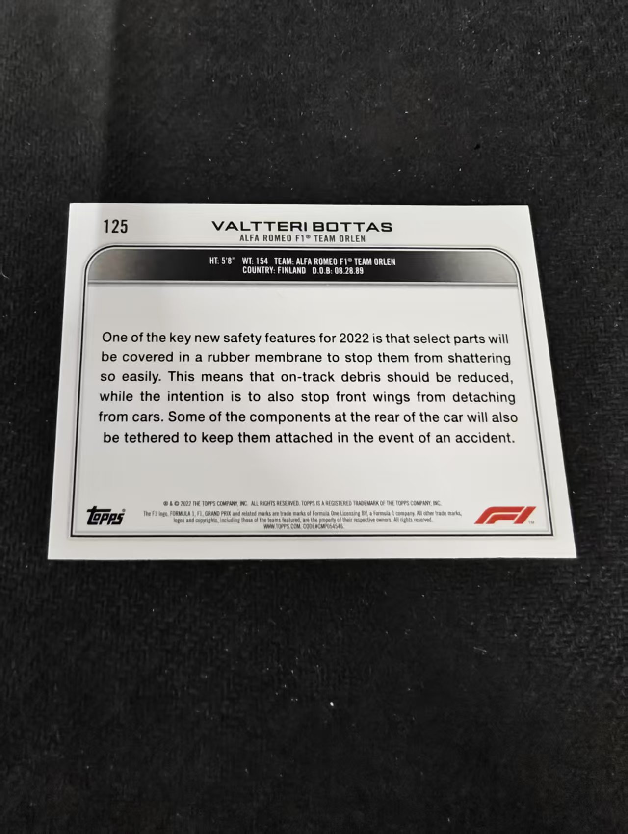 2022 Topps Chrome F1 Valtteri Bottas 瓦尔特利 博塔斯 阿尔法罗密欧 黑白棋盘 划痕 边角瑕疵 @125