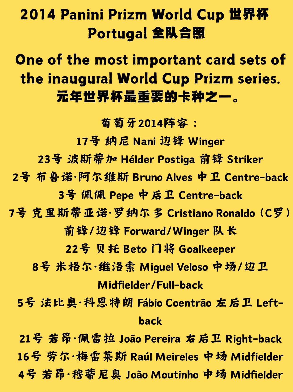 天秤座精品⁂2014 Panini Prizm World Cup 元年世界杯PZ 葡萄牙 Portugal 全队集体照 1/1编 1of1 正黑折 C罗 罗纳尔多 Cristiano Ronaldo 纳尼佩佩等 PSA9分 终极珍藏※倒哥