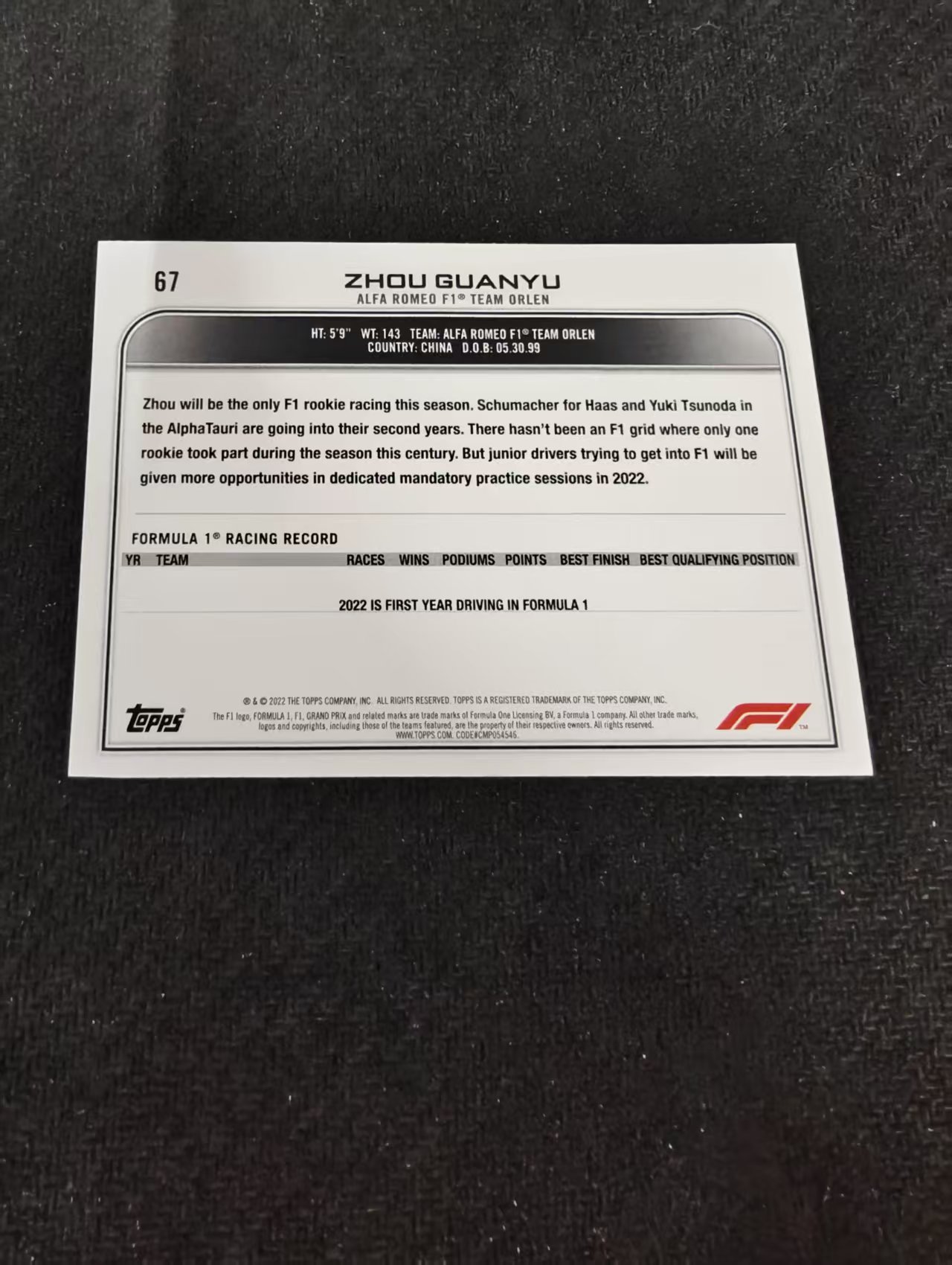 2022 Topps Chrome F1 Guanyu Zhou RC 周冠宇 新秀 阿尔法罗密欧 划痕 边角瑕疵 @67