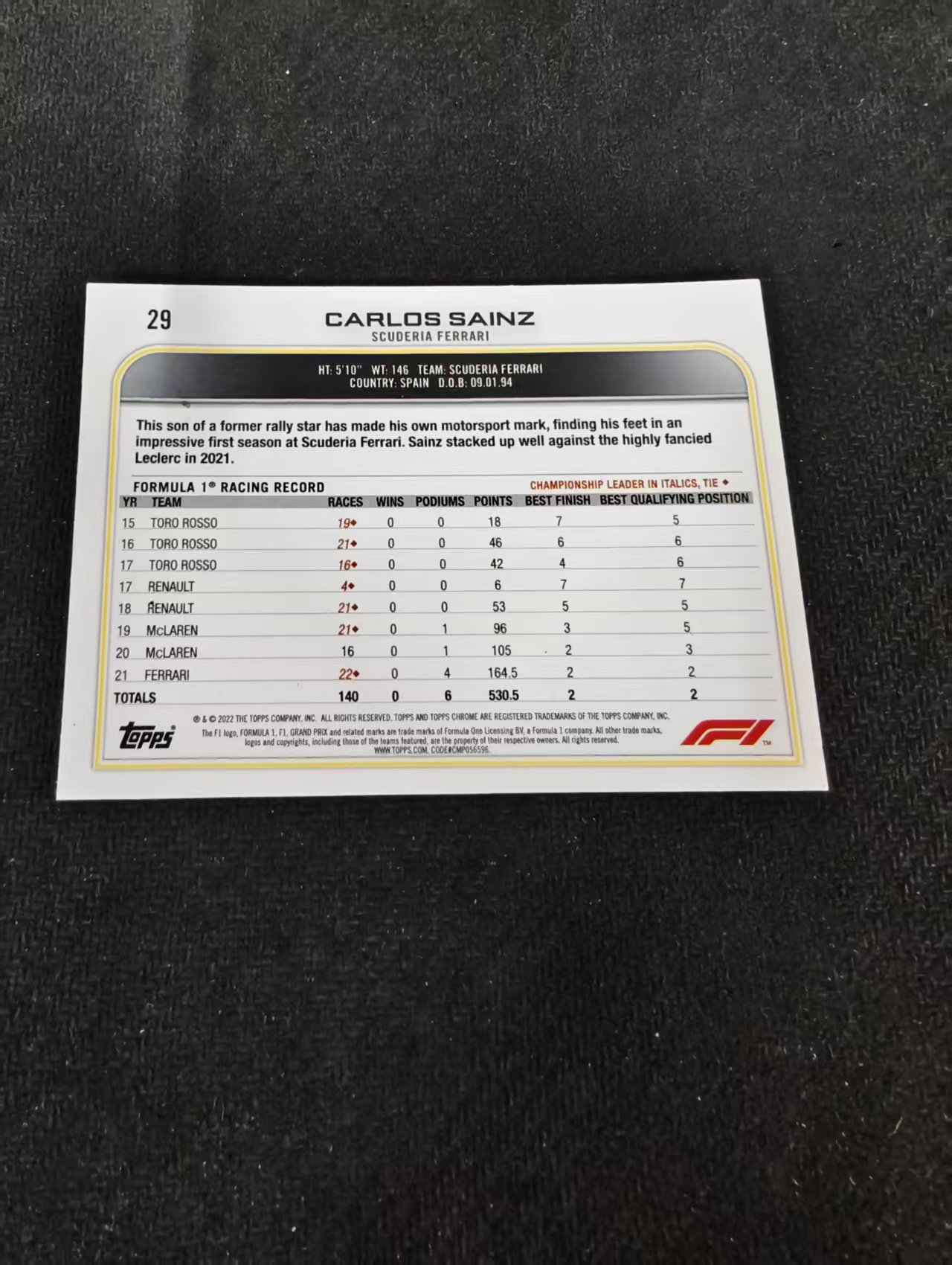 2022 Topps Chrome F1 Carlos Sainz 卡洛斯 塞恩斯 法拉利 划痕 边角瑕疵 #29