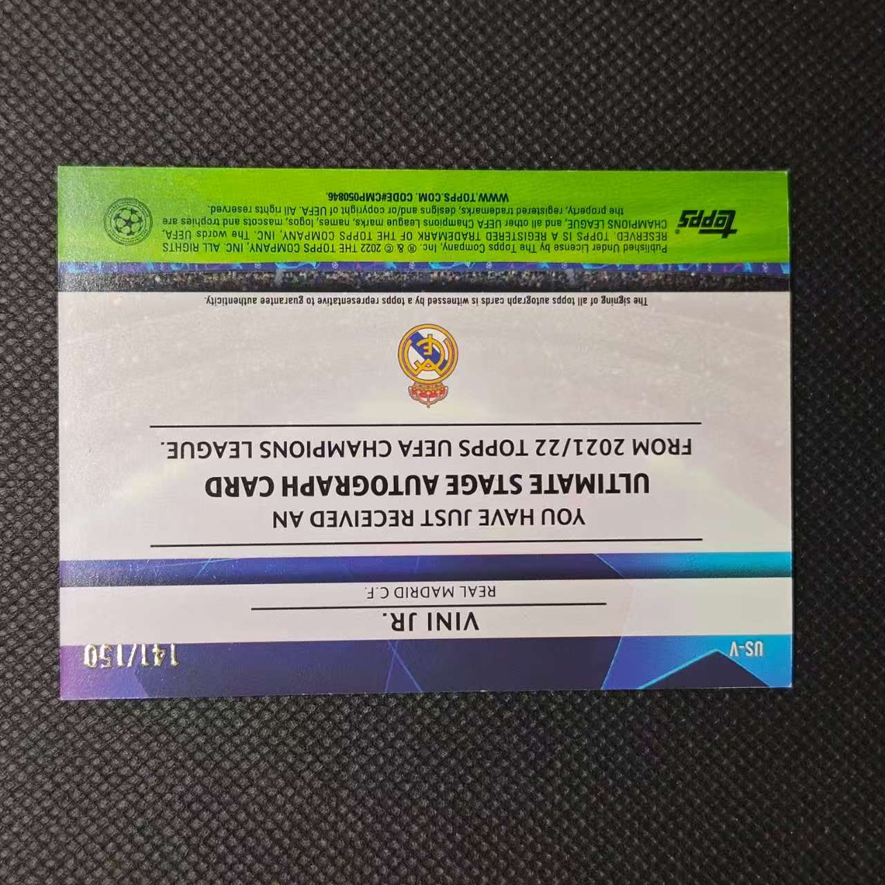 2022 Topps 欧战UCC Vini Jr. 面包#欧战足球 小熊 维尼修斯 /150编 横板签名 签字 皇马 皇家马德里 轻印微瑕 卡品细节看图