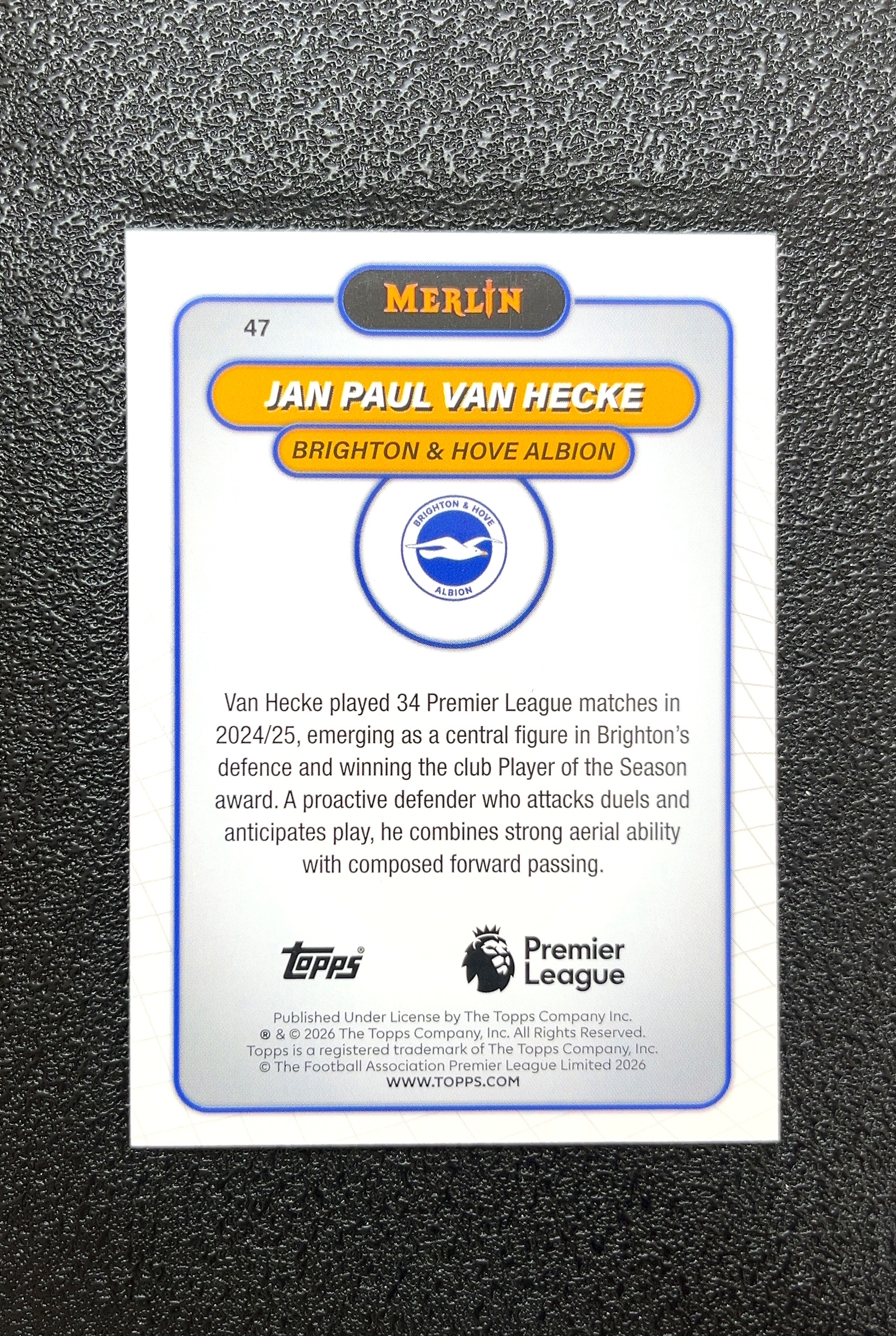 【岛屿拍卖】2026 Topps Merlin Jan Paul van Hecke 扬·保罗·范赫克 变形虫折 折射 卡品如图 高价值 #47 Brighton & Hove 0001#182