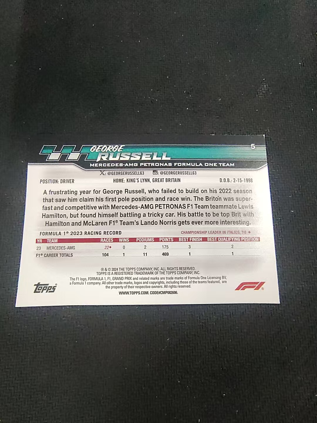 【汽水拍卖】2024 Topps Paddock Pass F1 George Russell 拉塞尔 梅奔 奔驰 围场通行证 划痕 边角瑕疵 @5