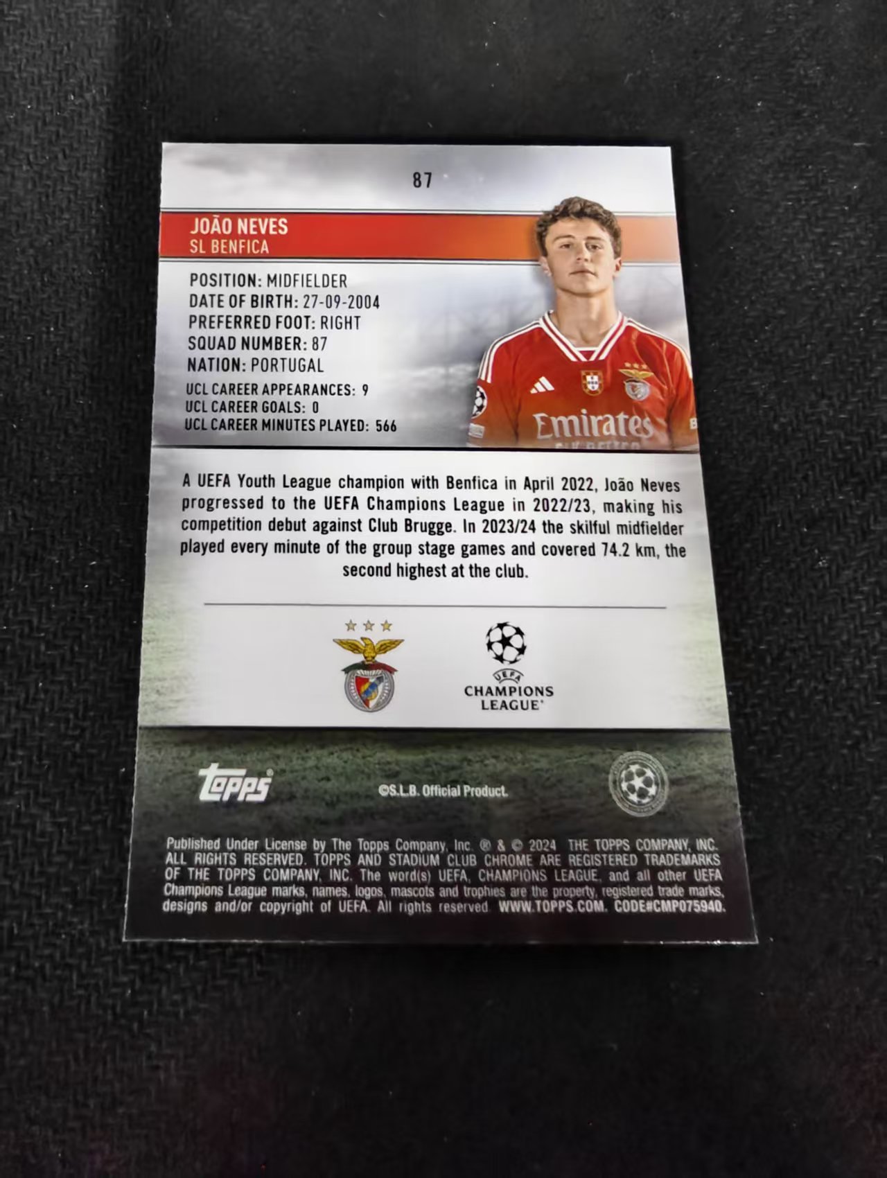 【可合并,不累计】2024 Topps Stadium Club Chrome joao neves 若昂·内维斯 本菲卡 竞技场 欧冠 不保卡品 介意勿拍 #87