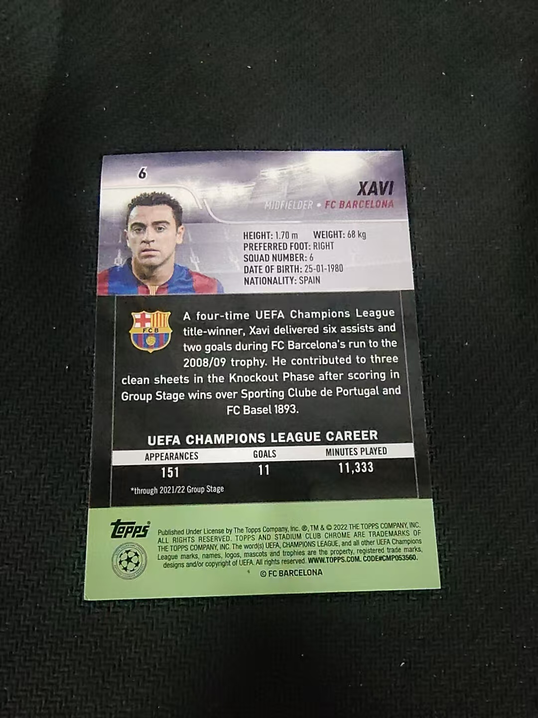 【可合并,不累计】2022 Topps Stadium Club Chrome Xavi 巴塞罗那 巴萨 哈维 竞技场 欧冠 划痕 边角瑕疵 #6