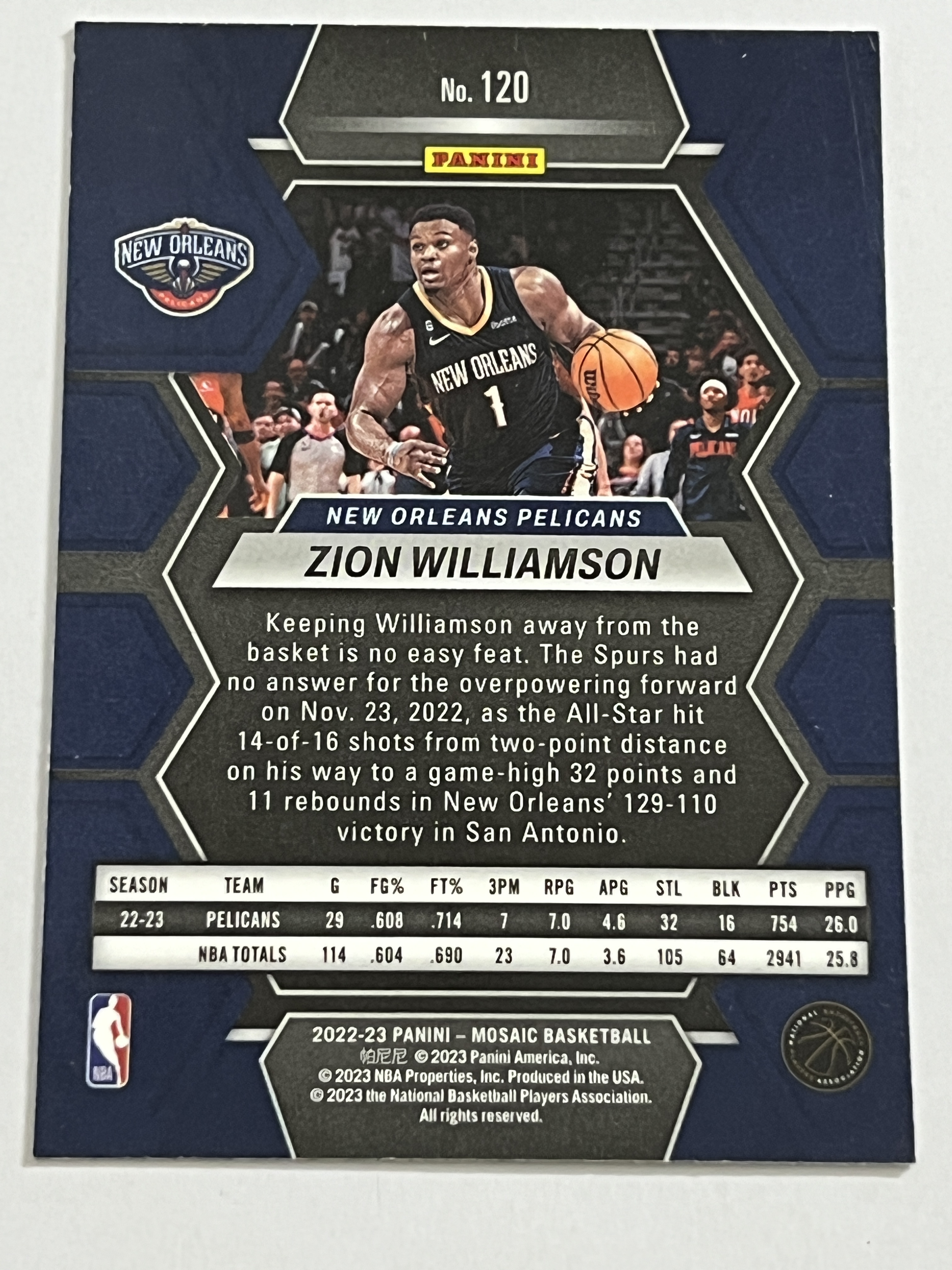 2022-23 Panini Mosaic Zion Williamson 锡安 威廉姆森 胖虎 蔡恩 鹈鹕队 热门球星 收藏必备 实卡精美 #120