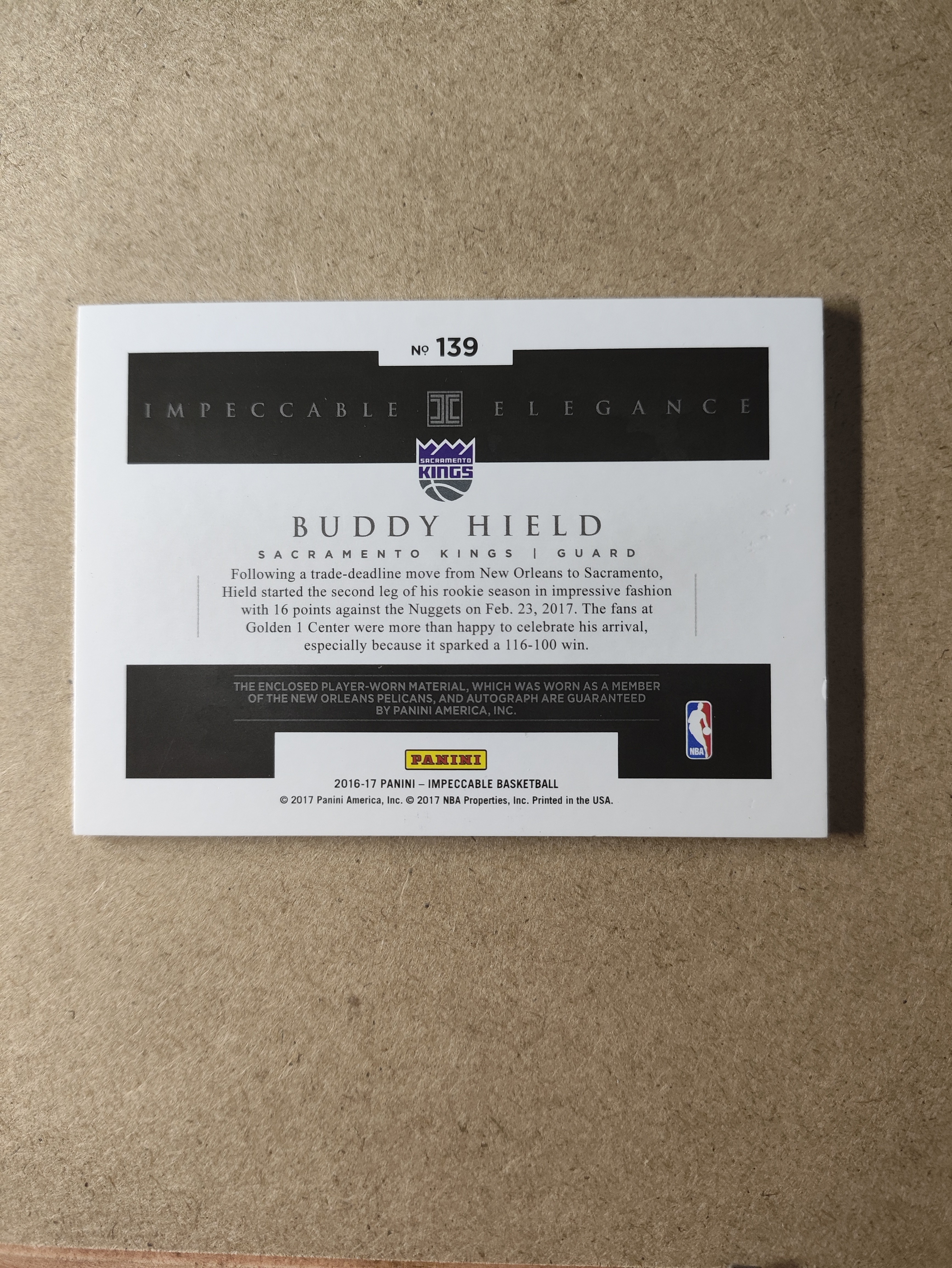 2016-17 Panini Impeccable Buddy Hield RC 小真金 国王 新秀 巴迪 希尔德 4/10编 低编 金平行 RPA 球衣物料 签字 卡签 可博高分 卡品如图 收藏必备