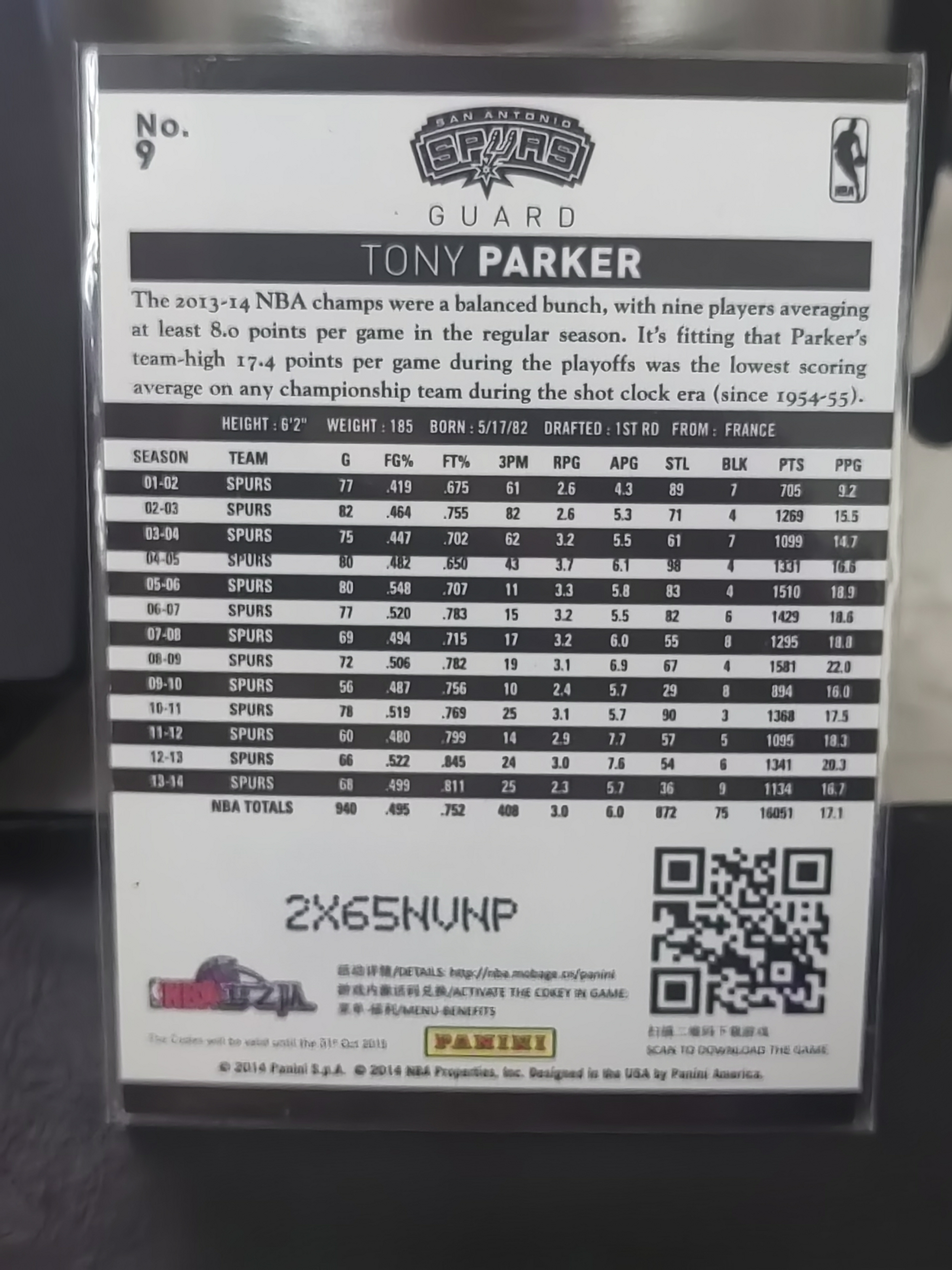 2014-15 Panini S.p.A Tony Parker 中雅图 银折 托尼帕克 马刺 篮 白边白角 不保卡品 卡品如图