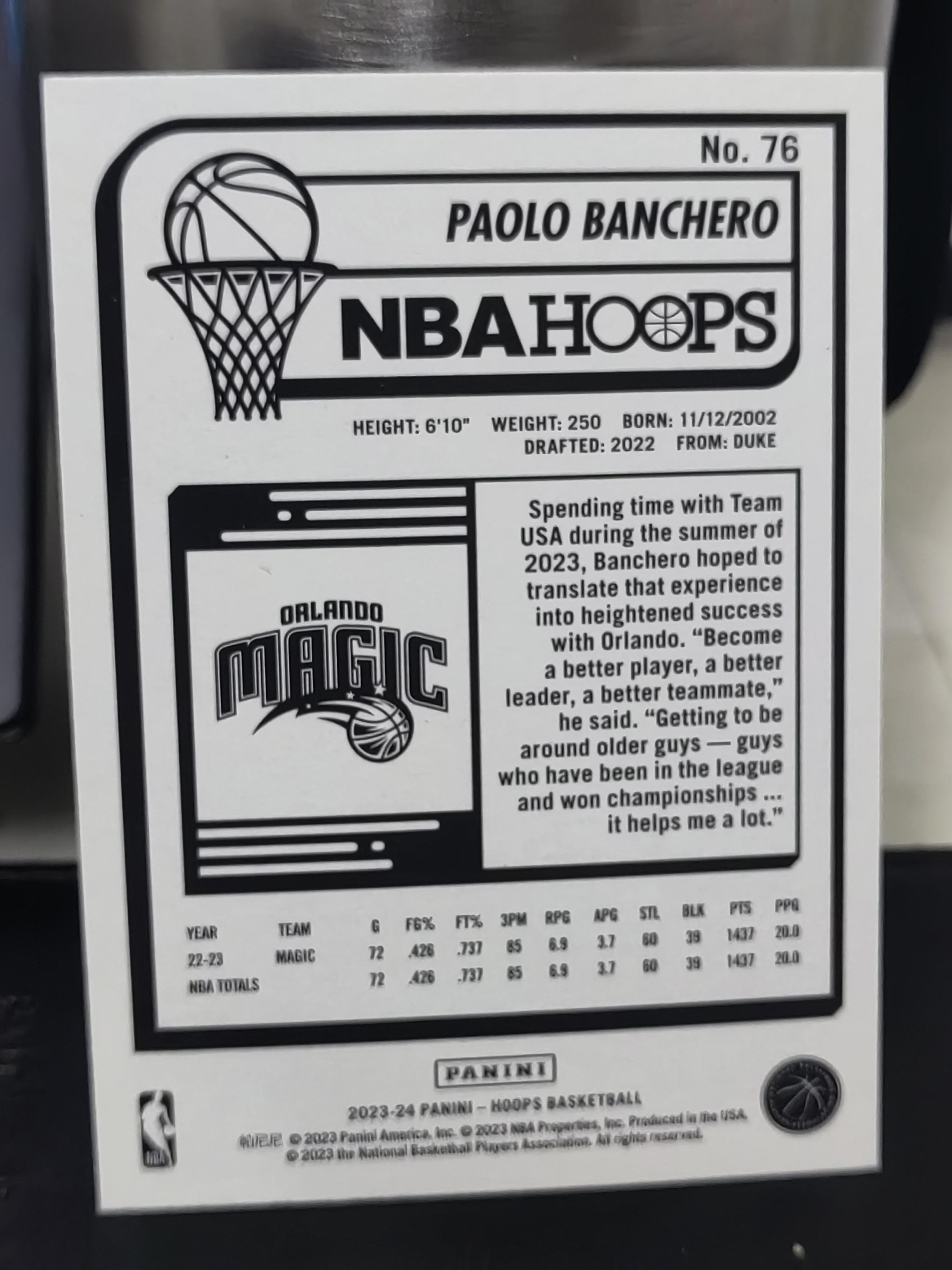 2023-24 Panini Hoops Paolo Banchero RC Hoops 新秀 保罗 班切罗 魔术 篮 白边白角 不保卡品 卡品如图