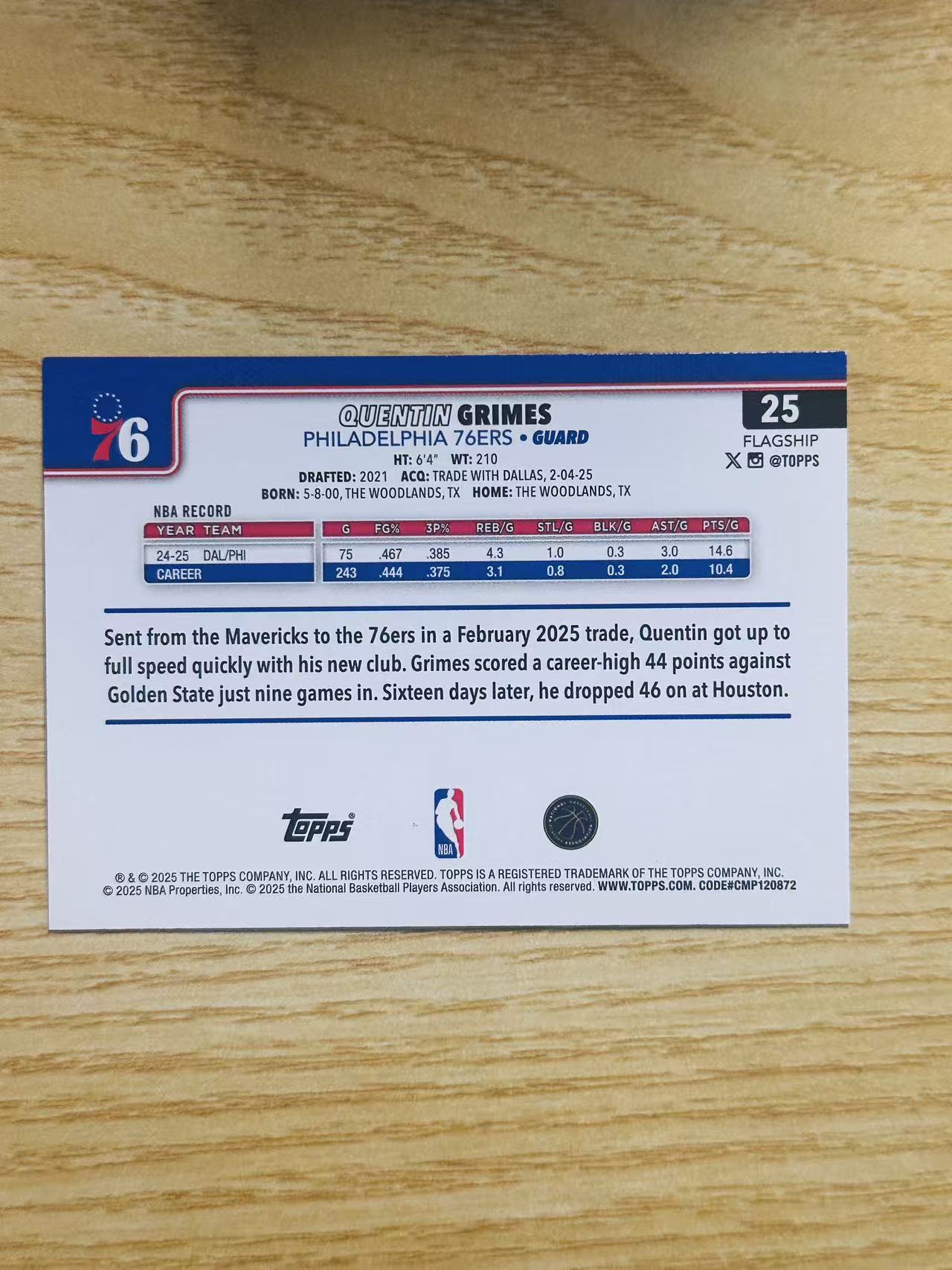 2025-26 Topps nba Quentin Grimes 嘿嘿代卖 昆汀 格兰姆斯 银折 费城76人 本赛季发挥出色 收藏必备 gjmm