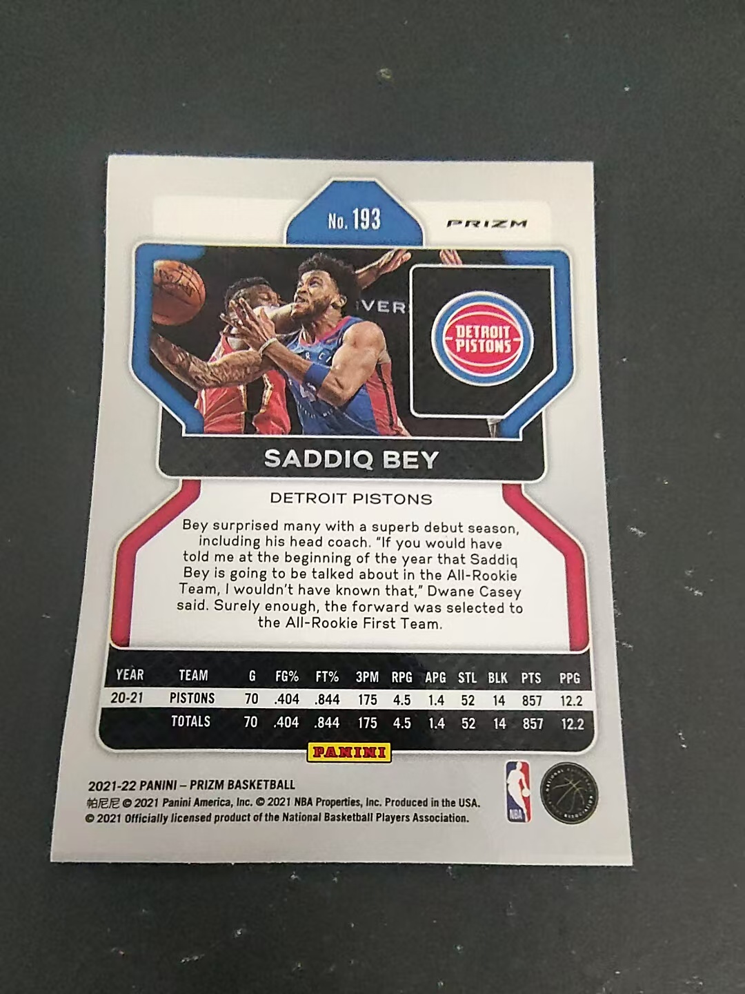 【可合并,不累计】2021-22 Panini Prizm Saddiq BEY 萨迪克 贝 活塞 红波纹 PZ 划痕 边角瑕疵 #193