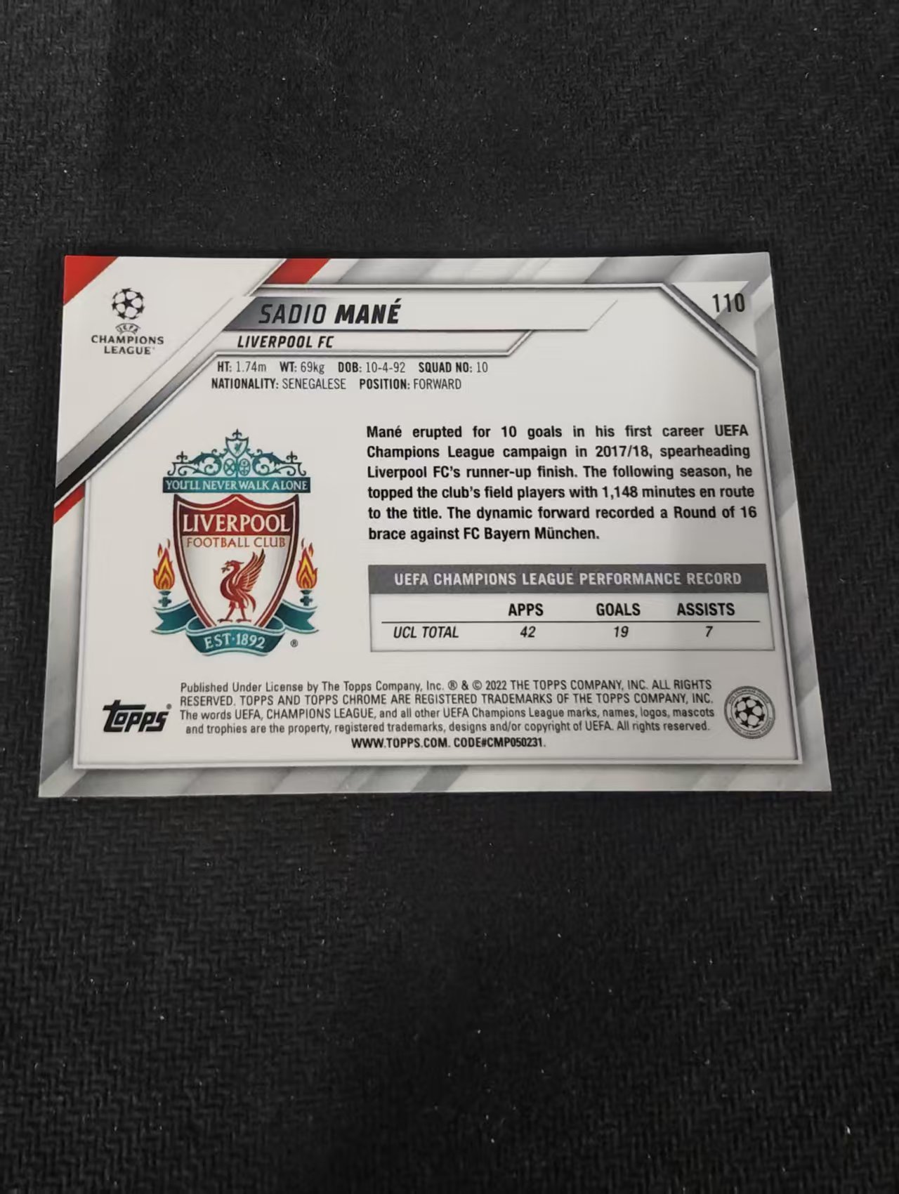 【可合并,不累计】2022 topps chrome Sadio Mane 萨迪奥 马内 欧冠 利物浦 欧冠 不保卡品 介意勿拍 #110