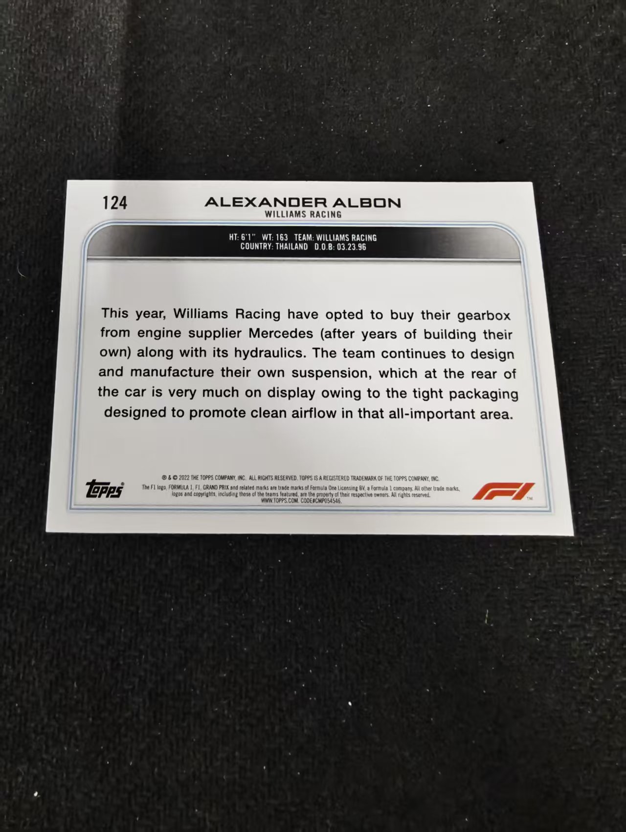 2022 Topps Chrome F1 Alexander Albon F1 威廉姆斯 亚历山大 阿尔本 黑白棋盘 划痕 边角瑕疵@124
