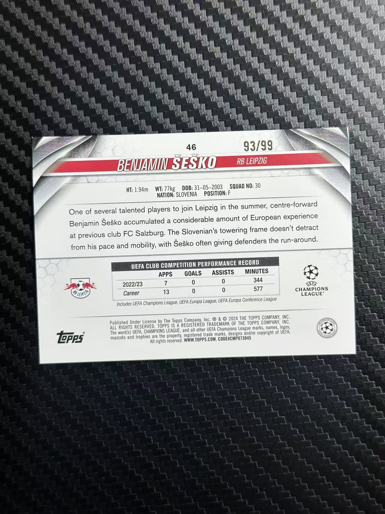 2024 Topps UCC benjamin sesko 欧冠 莱比锡红牛 曼联 本杰明 塞斯科 93/99编 白玉折 卡品如图 拍前看描述