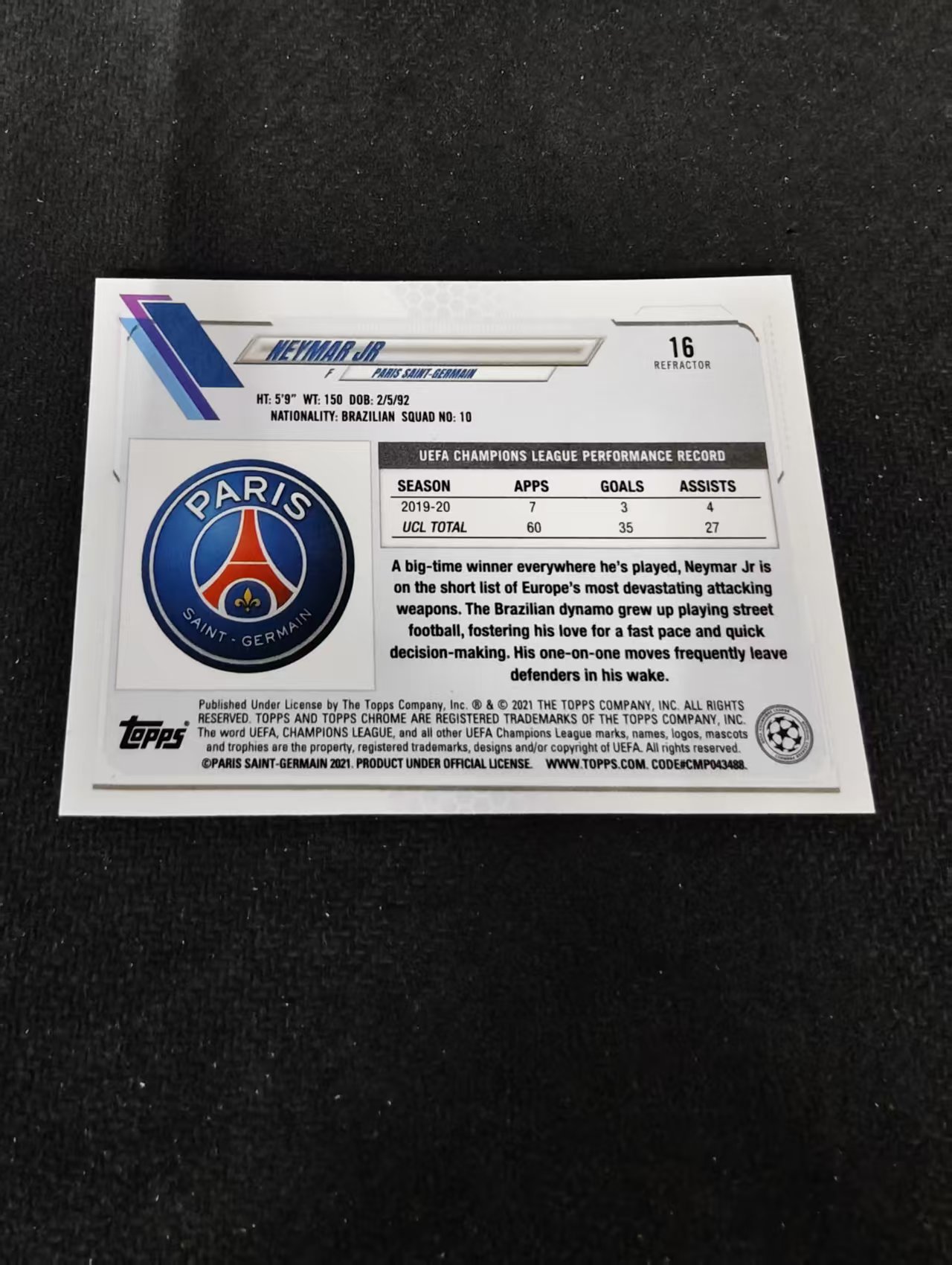 【可合并,不累计】2021 TOPPS Chrome Neymar Jr 欧冠 TC 巴黎圣日耳曼 内马尔 银折 划痕 边角瑕疵 #16