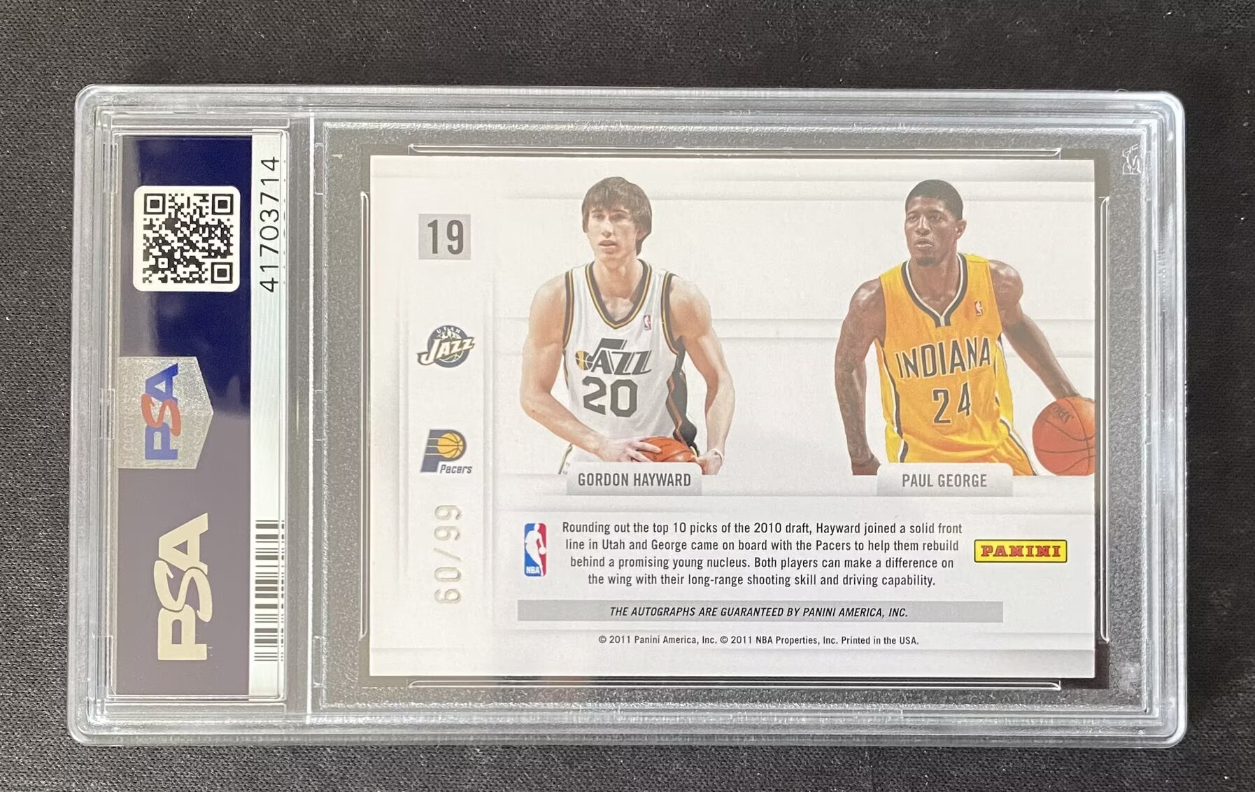 2010-11 Panini Season Update Paul George 【来拆波卡】爵士 步行者 戈登海沃德 Hayward 保罗乔治 双人 新秀 双签 签字 99编 PSA10分