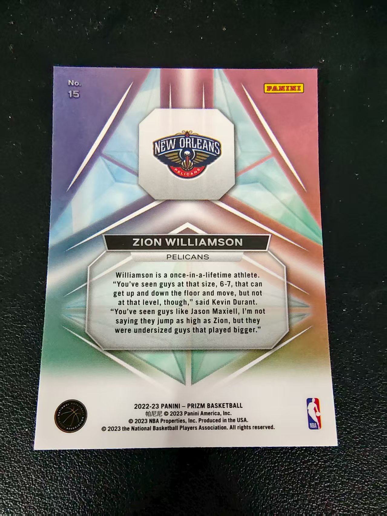 【可合并,不累计】2022-23 Panini Prizm Zion Williamson 锡安 威廉姆森 胖虎 蔡恩 鹈鹕 棱镜特卡 PZ 划痕 边角微瑕 介意勿拍 #15