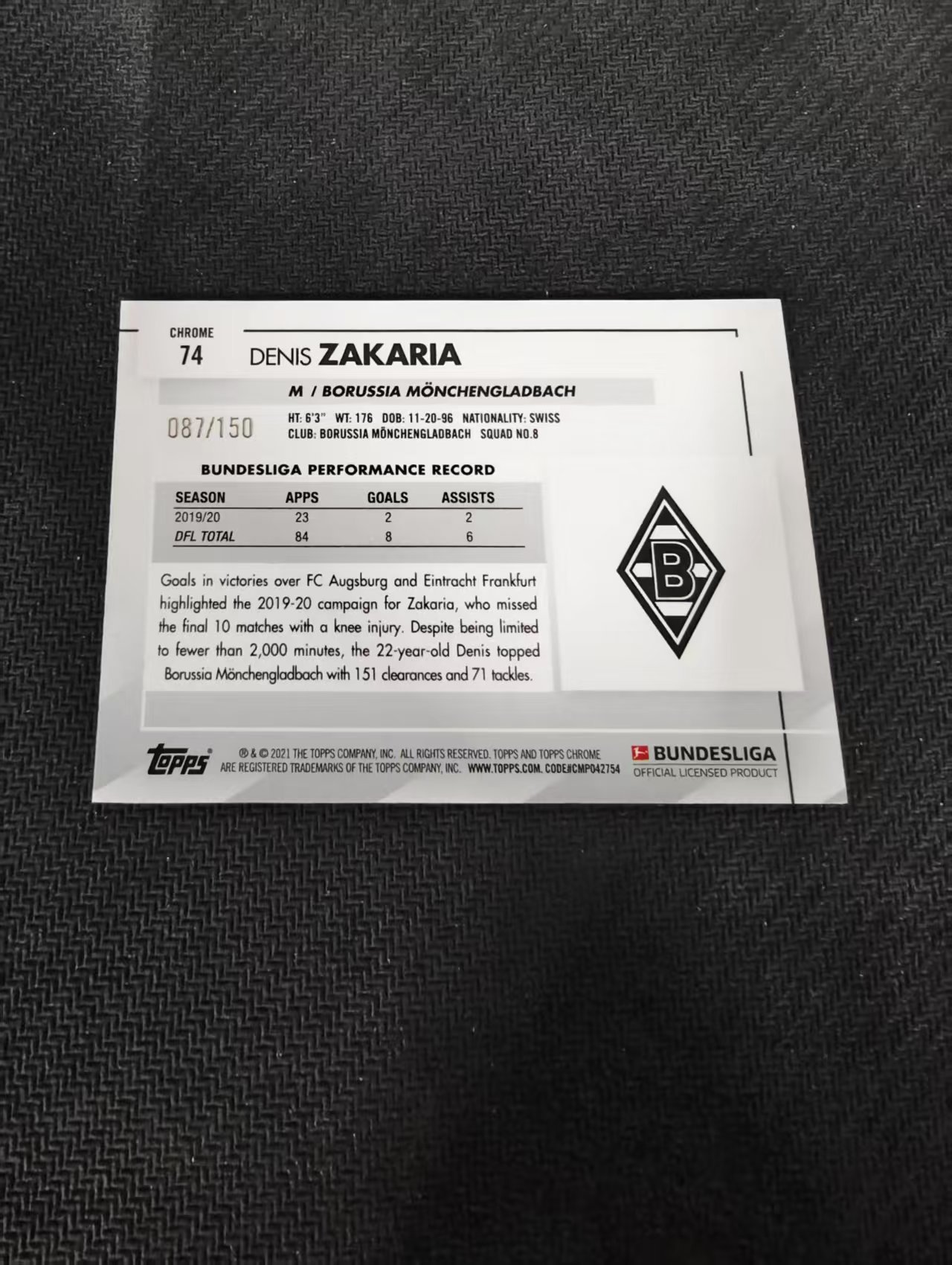 【可合并,不累计】2021 Topps Chrome Denis Zakaria 德甲TC 门兴 新秀 扎卡里亚 蓝折 150编