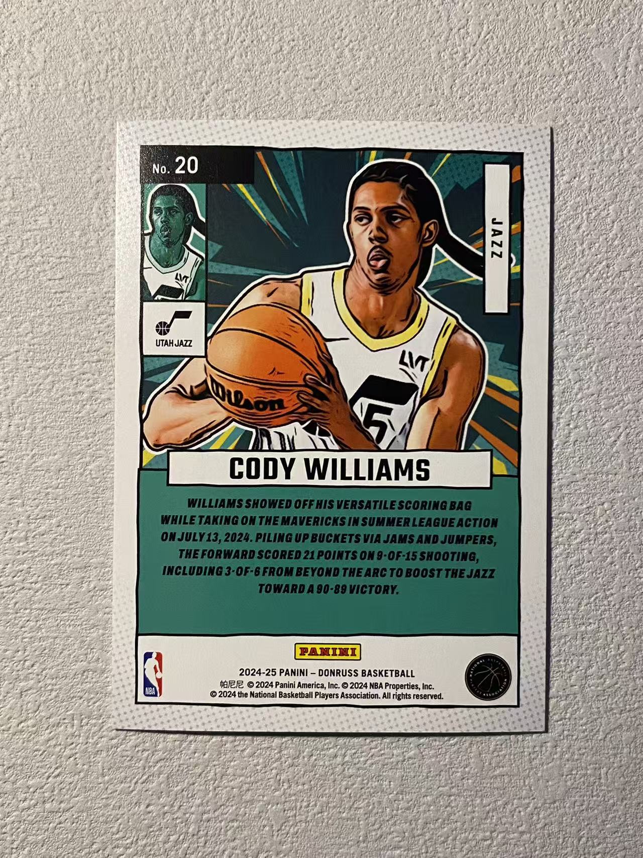 2024-25 Panini Donruss Cody Williams RC 杜蕾斯 爵士 新秀rc 科迪 威廉姆斯 /75编 大比例 漫威特卡 钻石折 折射 收藏必备