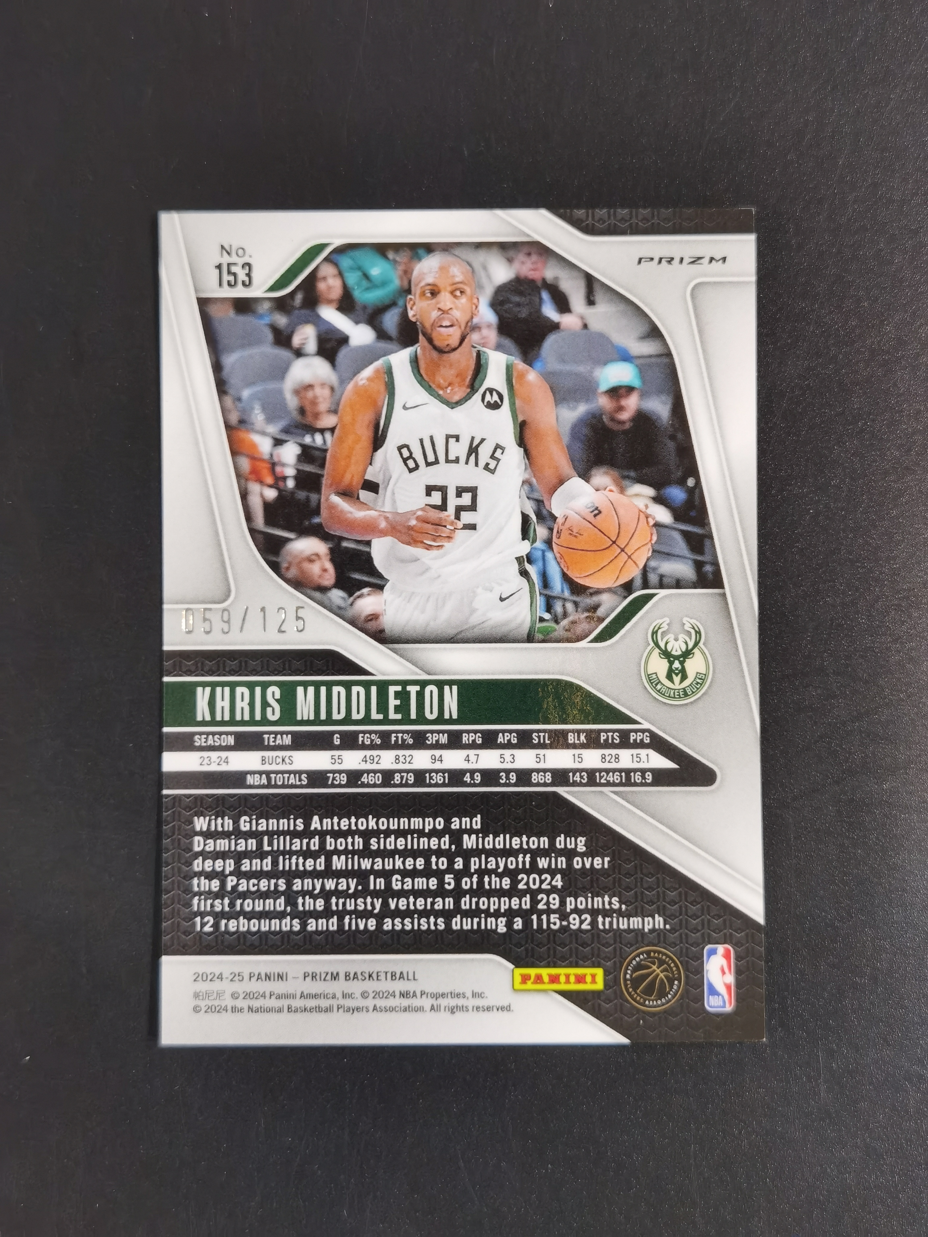 2024-25 Panini Prizm Khris Middleton 克里斯 米德尔顿 125编 蓝碎冰折 卡品如图 专收必备