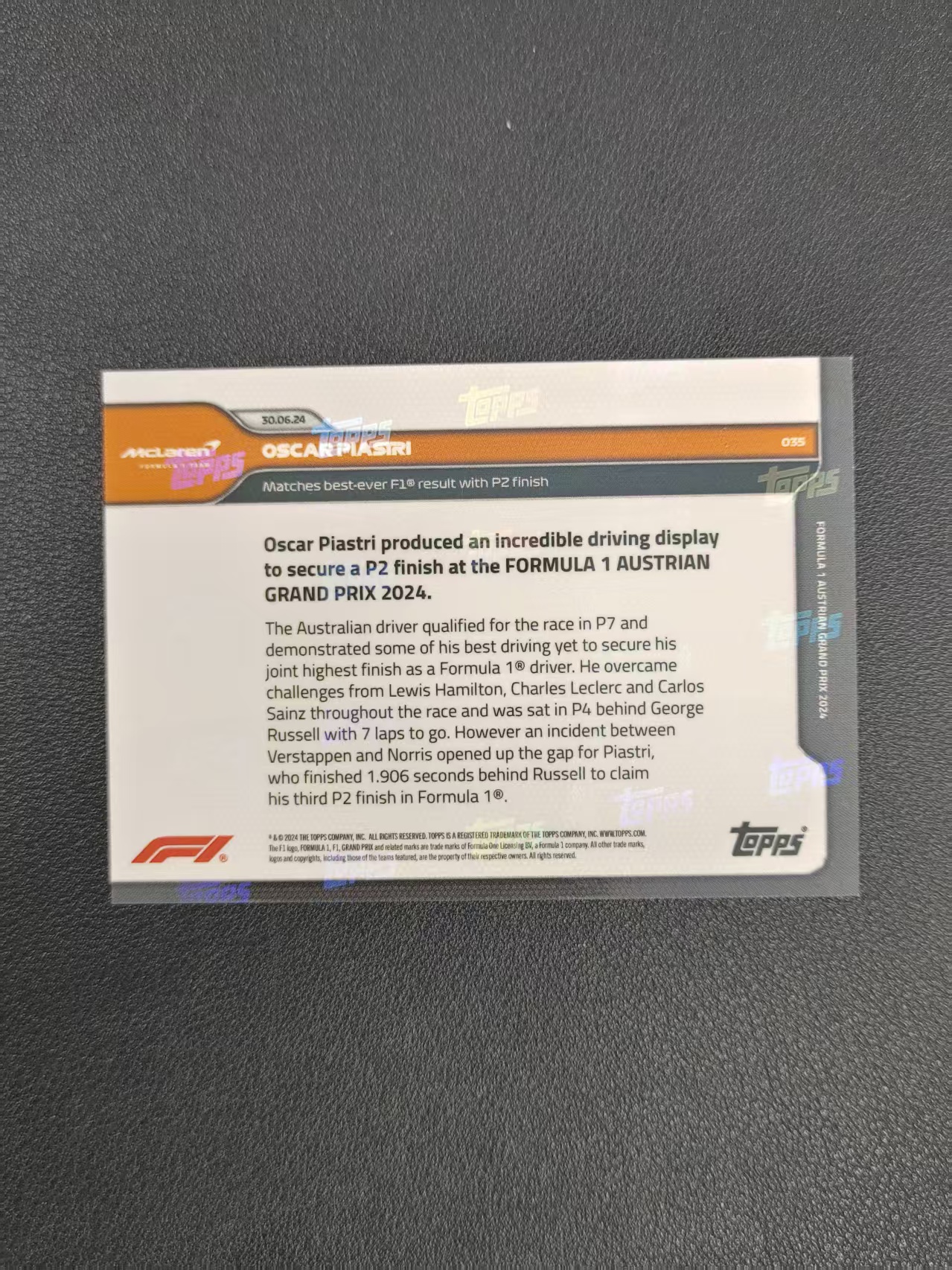 2024 Topps Now F1 Oscar Piastri 皮亚斯特里 迈凯伦 卡品如图 出价前请仔细阅读描述 ypl 2