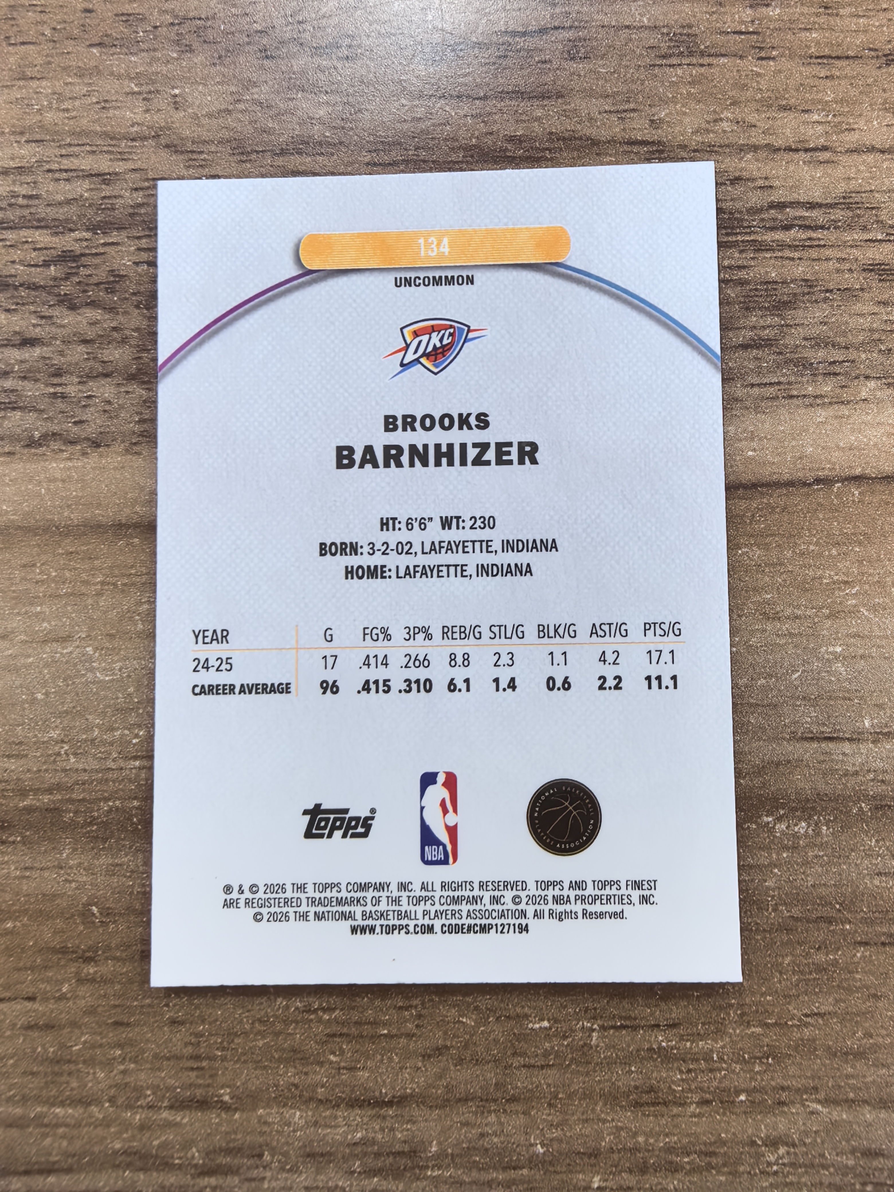 2026 Topps Finest Brooks Barnhizer RC 雷霆 布鲁克斯巴恩海泽 新秀 029/150编 二级 蓝折 折射 实卡精美 卡品如图 min