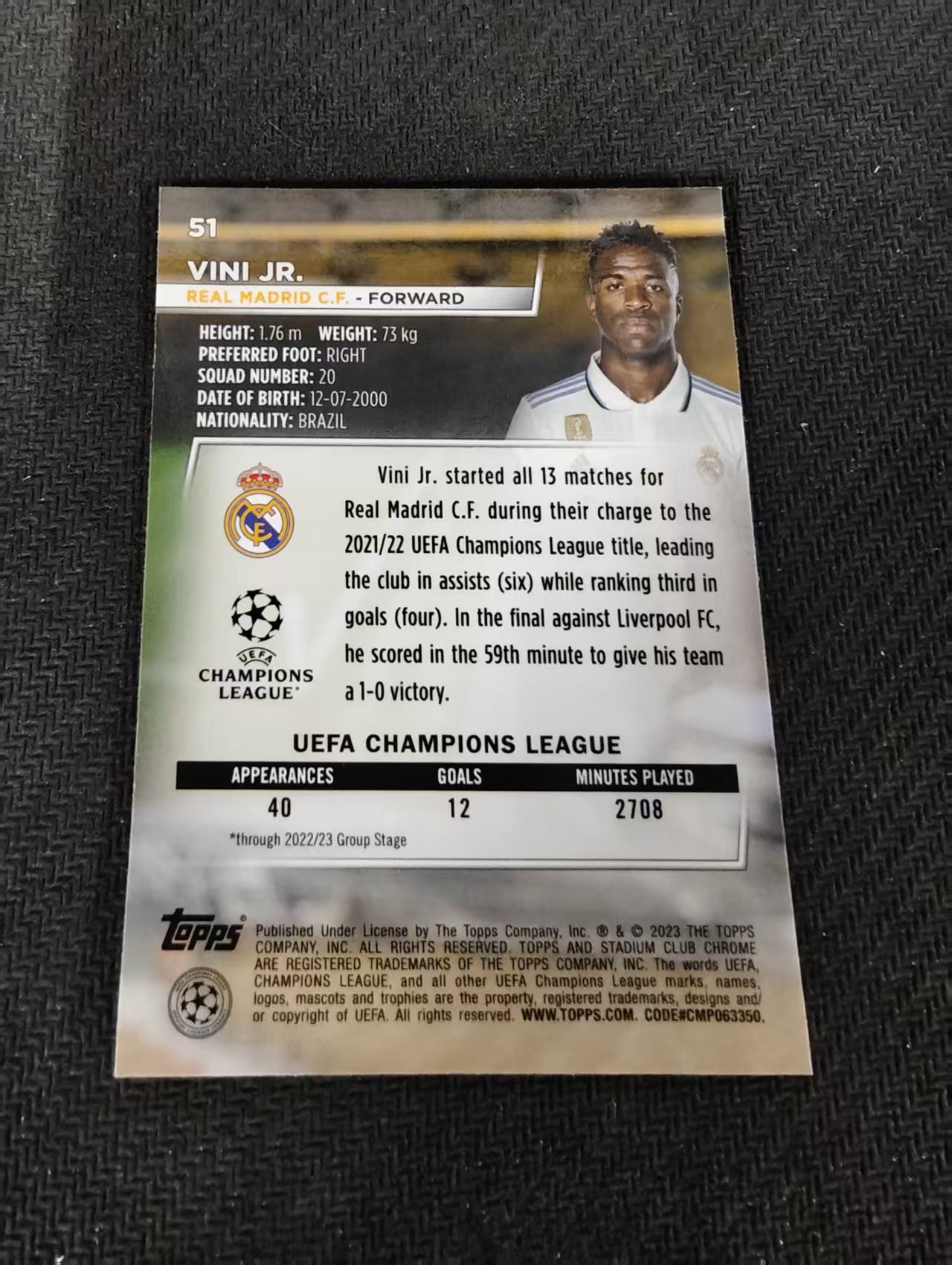 【可合并,不累计】2023 Topps Stadium Club Chrome VINI JR. 欧战竞技场 皇马 维尼修斯 竞技场 欧冠 不保卡品 介意勿拍 #51