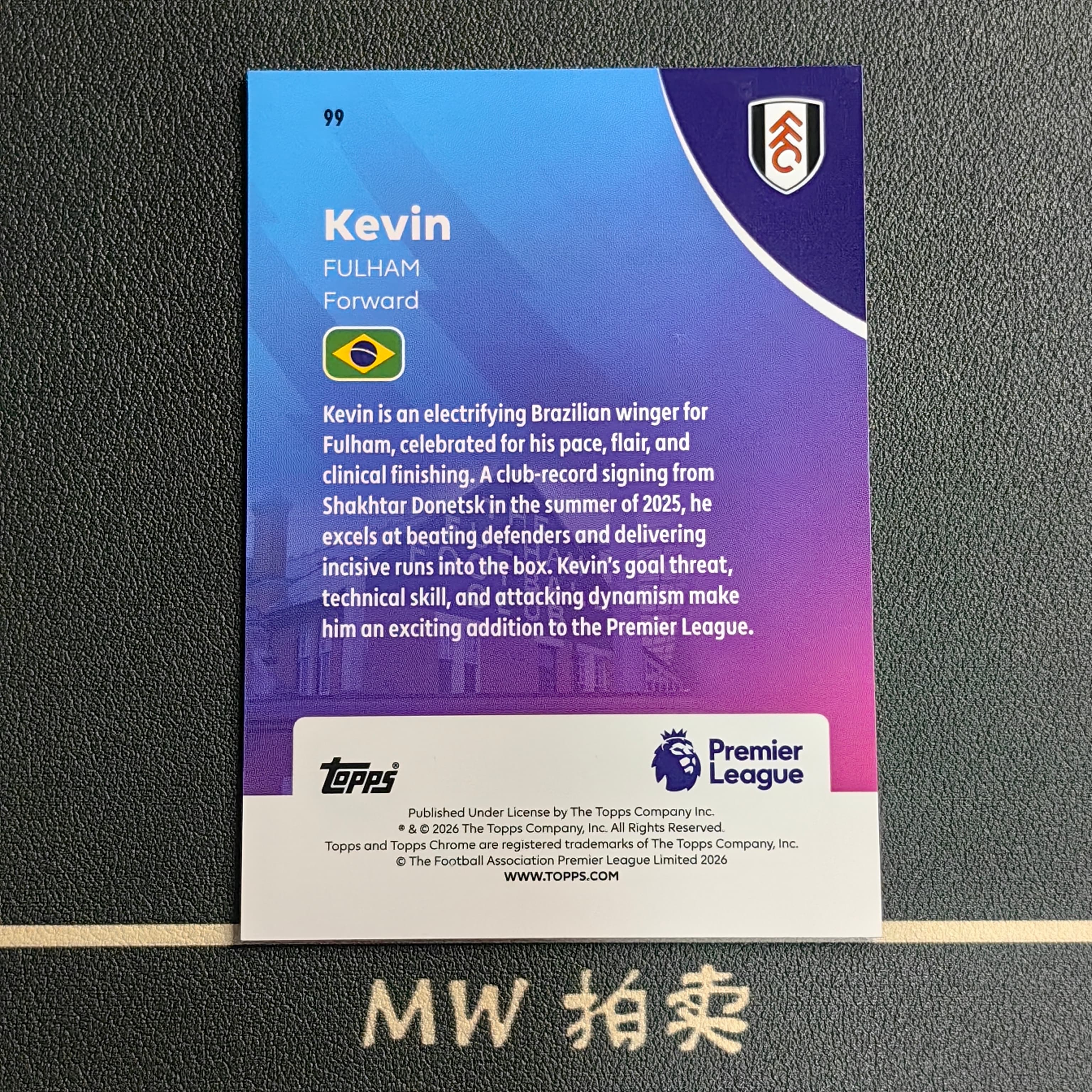 【MW拍卖】 凯文 凯温 /199编 2025-26 Topps Chrome 青折 英超 KEVIN 顿涅茨克矿工 富勒姆 -香蕉