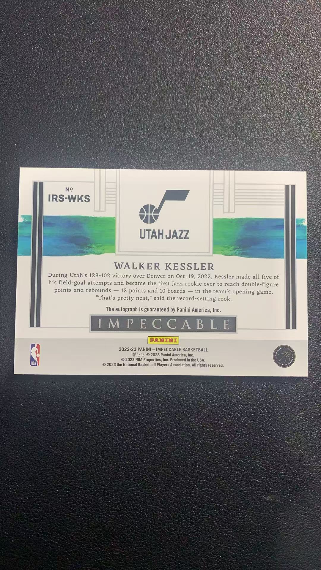 2022-23 Panini impeccable walker kessler 小真金 爵士 沃克 凯斯勒 RC 新秀 签字 卡签 77/99编 卡品如图 shuo