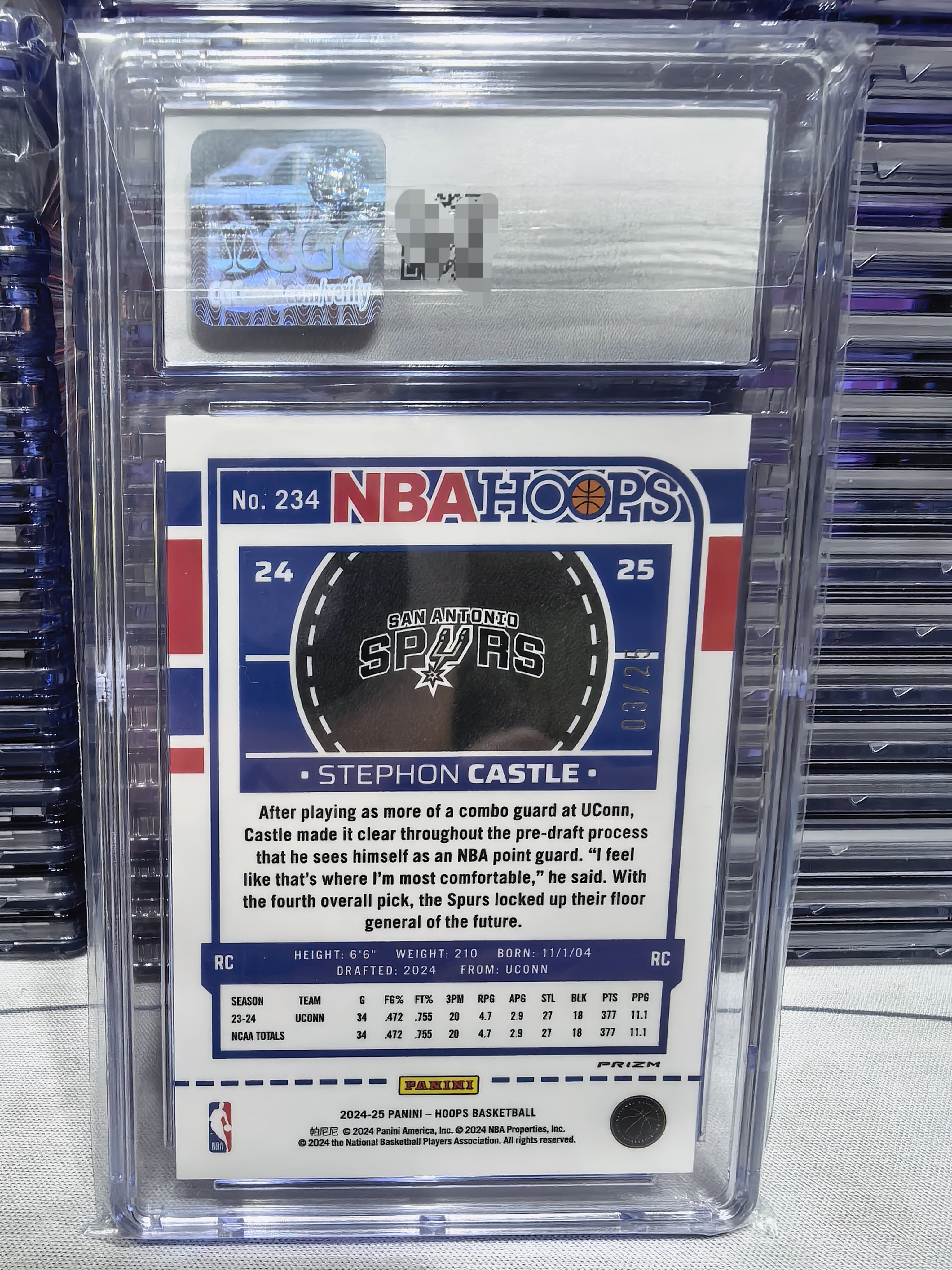 2024-25 Panini NBA Hoops Stephon Castle RC 新秀 马刺 卡斯尔 25编 稀有 绿波纹折 折射 美国CGC满分10分评级 马刺当家控卫 和文班亚马冲击总冠军