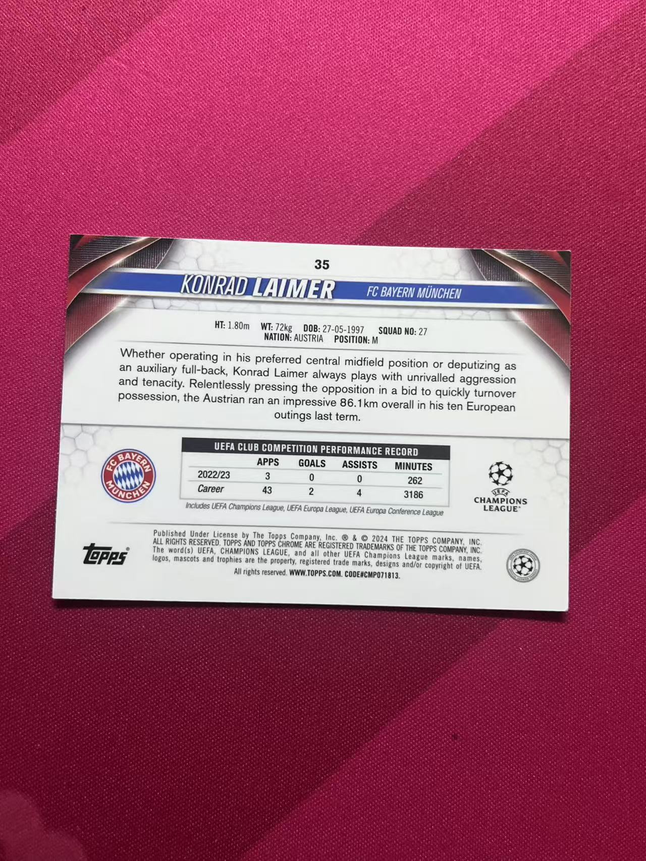 2024 Topps Chrome Konrad Laimer #35 莱默尔 拜仁慕尼黑 拜仁 欧冠 莱莫 康拉德 奥地利 折射 C10