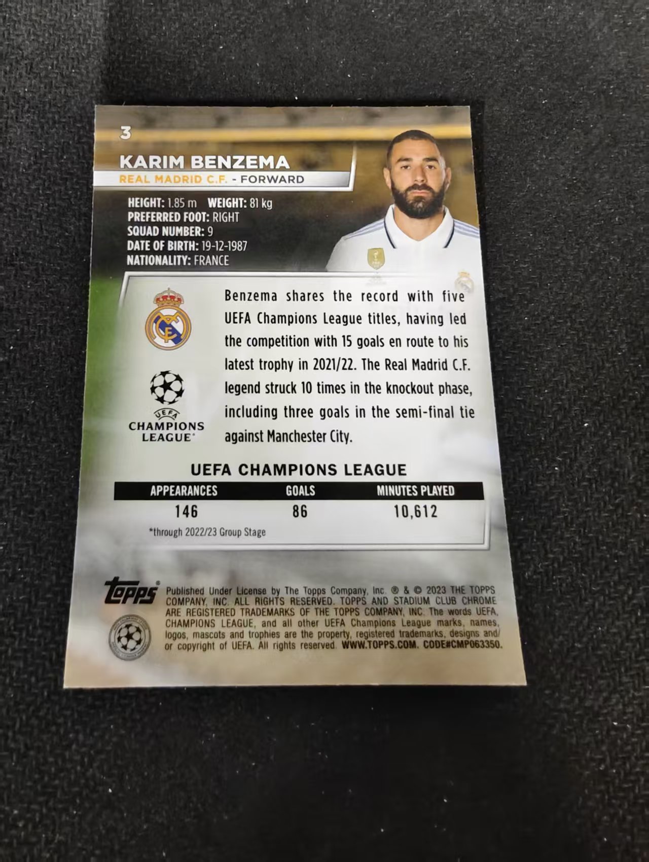 【可合并,不累计】2023 Topps Stadium Club Chrome Karim Benzema 本泽马 皇马 竞技场 欧冠 不保卡品 介意勿拍 #3