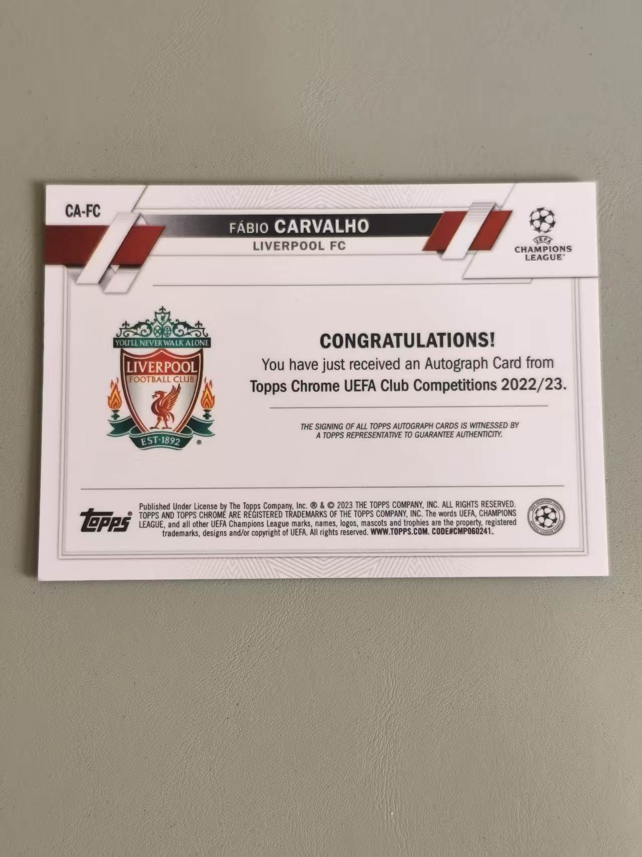 2023 Topps Chrome Fabio Carvalho RC 法比奥 卡瓦略 签字 银折 新秀 欧冠 TC 英超 红军 利物浦 卡品如图