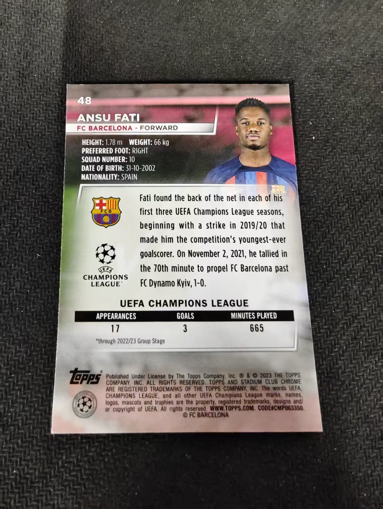 【可合并,不累计】2023 Topps Stadium Club Chrome Ansu Fati 法蒂 巴萨 欧冠 竞技场 不保卡品 介意勿拍 #48