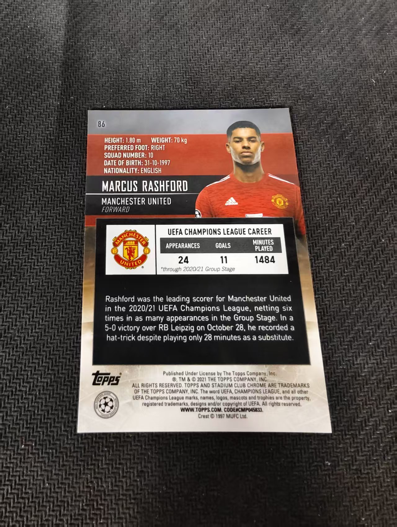 【可合并,不累计】2021 Topps Stadium Club Chrome Marcus Rashford 拉什福德 曼联 巴萨 竞技场 欧冠 划痕 边角瑕疵 #86