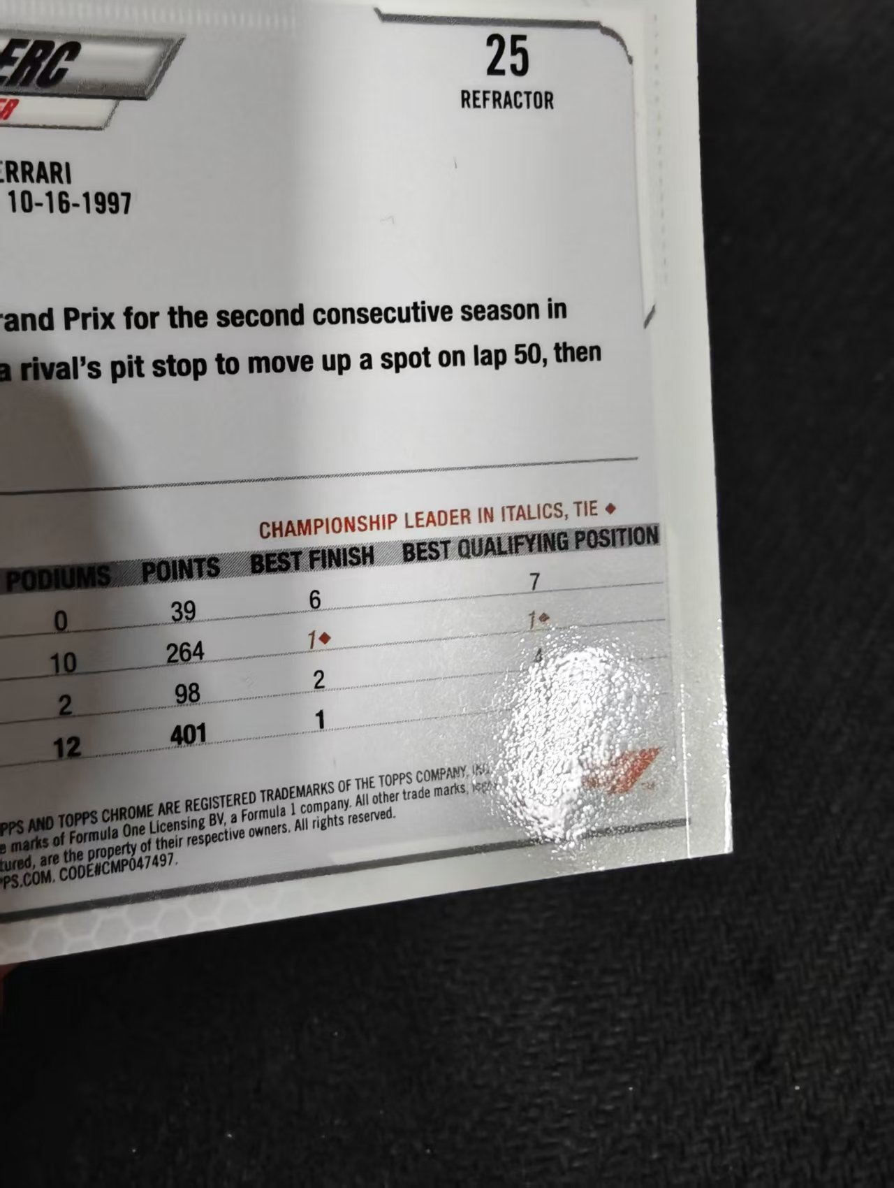 2021 Topps Chrome Charles Leclerc F1 法拉利 勒克莱尔 银折 划痕 边角瑕疵 #25