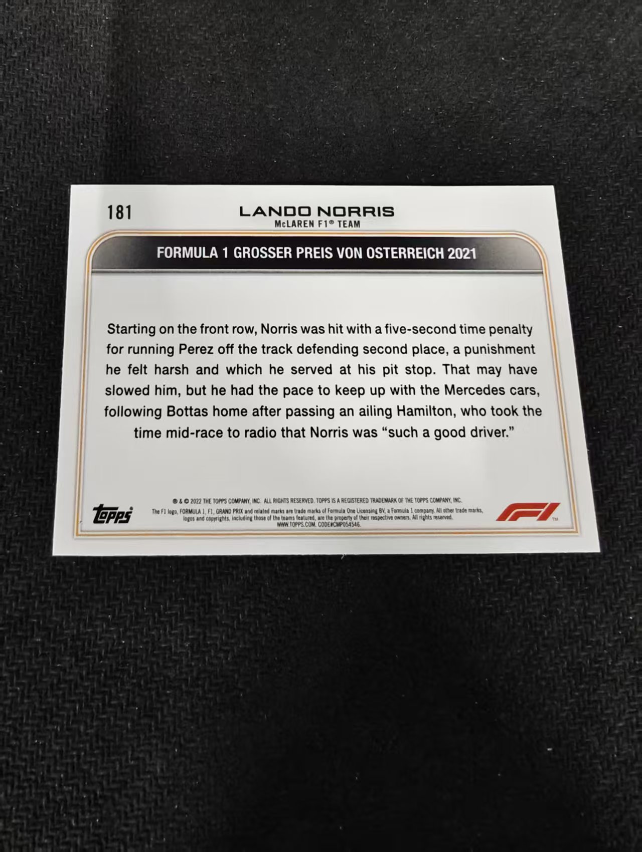 2022 Topps Chrome F1 Lando Norris 兰多 诺里斯 迈凯伦车队 划痕 边角瑕疵 @181