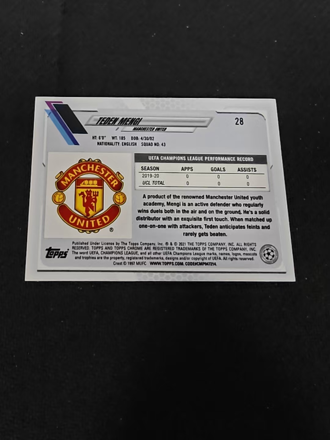 【可合并,不累计】2021 Topps Chrome Teden Mengi RC 门吉 新秀 曼联 蓝宝石 碎冰折 欧冠 #28 划痕 边角瑕疵