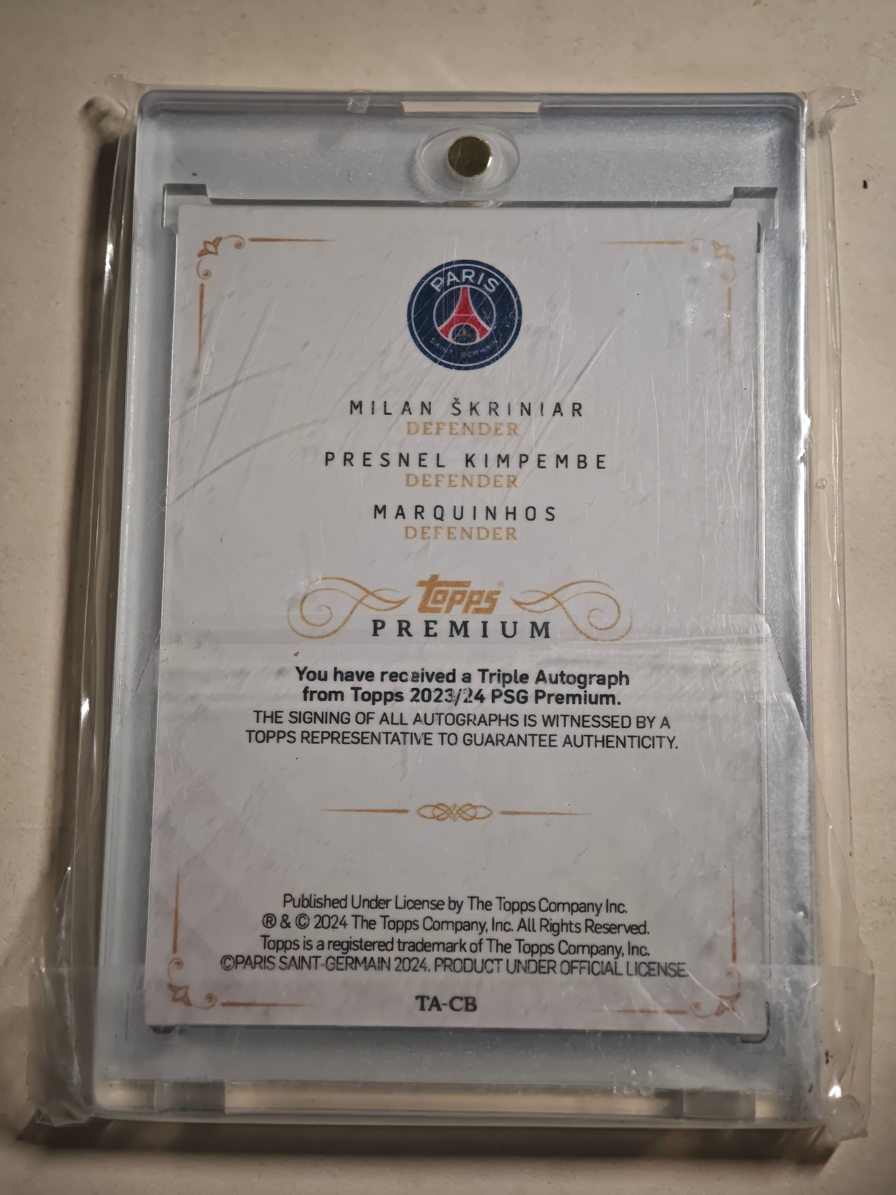 2024 topps Premium巴黎圣日耳曼高端队盒 7/10编 什克里尼亚尔 金彭贝 马尔基尼奥斯 马金尼奥斯 欧冠冠军 巴黎 三人签字 三签 卡签 签字