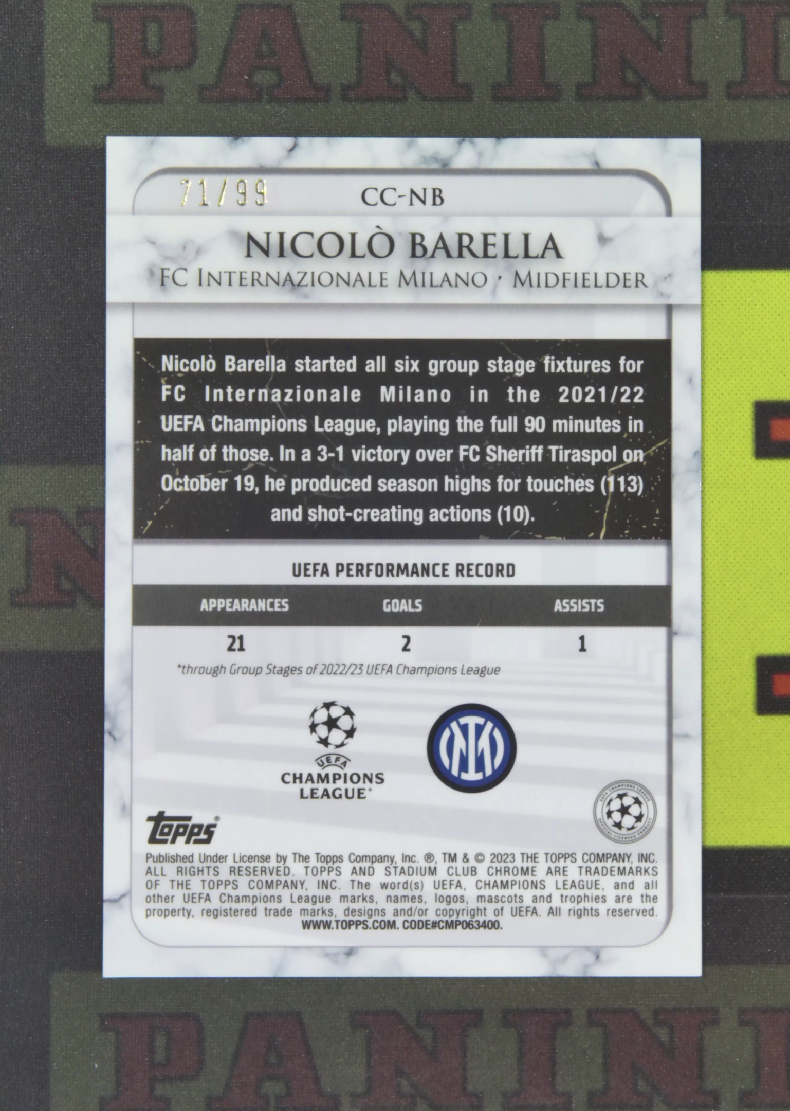 2022-23 Topps stadium club Nicolo Barella Nirvana Project 尼科洛 巴雷拉 国际米兰 71/99 绿折 折射 竞技场 卡品如图 SXY1