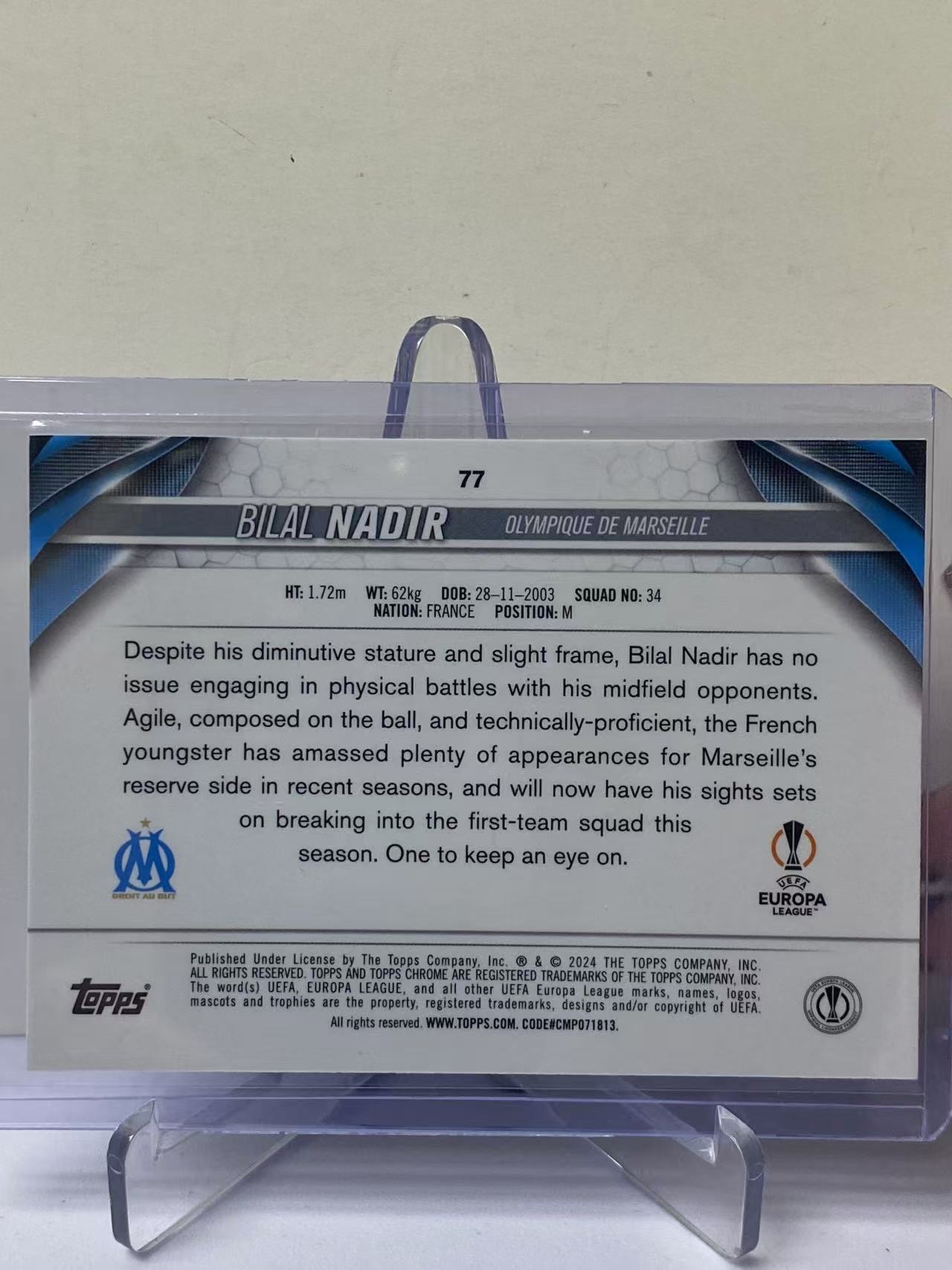 2024 Panini Chrome Bilal Nadir RC 欧冠tc 马赛 新秀 RC 比拉尔 纳迪尔 紫熔岩折 157/175编 收藏必备 卡品如图 jefr