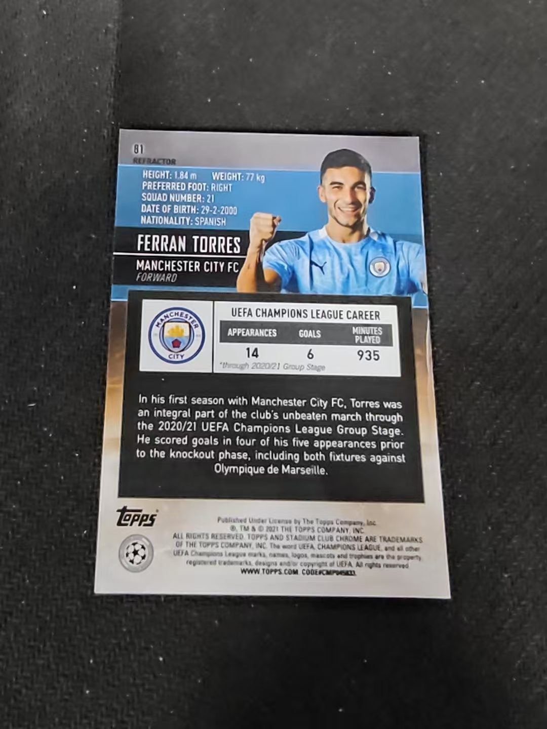 【可合并,不累计】2021 Topps Stadium Club Chrome Ferran Torres 曼城 托雷斯 欧冠 竞技场 银折 划痕 边角瑕疵 @81
